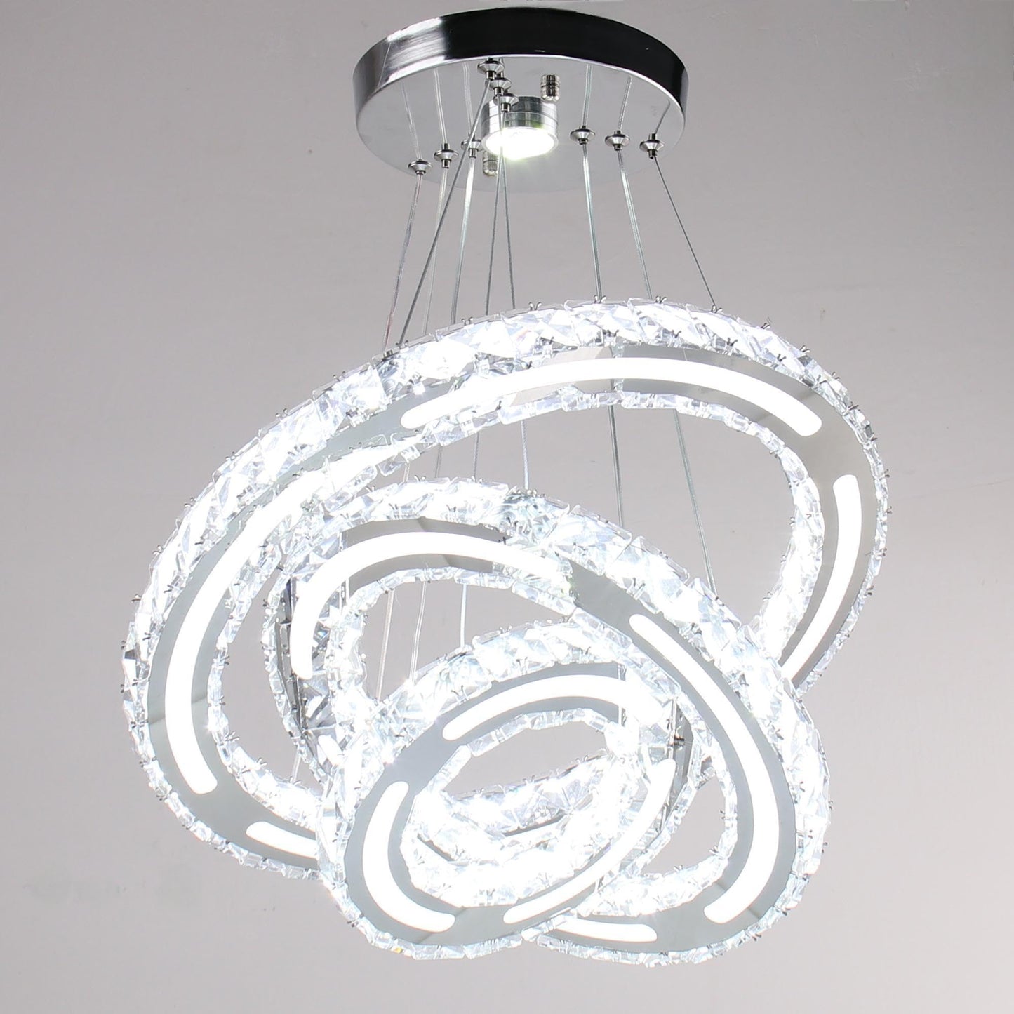 CXGLEAMING Modern LED Chandelier 3 Rings Adjustable Crystal Pendant Light 180mm Base White Light 153 Crystals