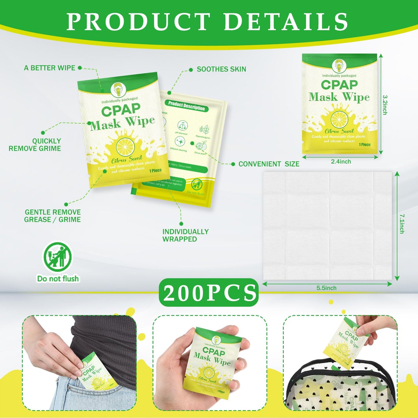 Swiffen 300 Pcs CPAP Mask Wipes Bulk Individually Wrapped Single Use CPAP Mask Wipes Citrus Scent Cleaning for Full Face, Nasal Travel Sleep Supplies Accessories