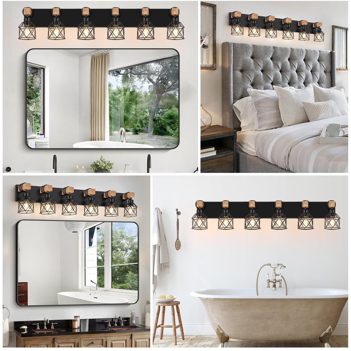 Fadimikoo 6-Light Farmhouse Bathroom Lighting Fixtures Wood Black Vanity Lights Over Mirror Rustic Wall Sconces Lighting With Metal Lampshade Vintage Wall Lights For Bedroom Living Room Hallway