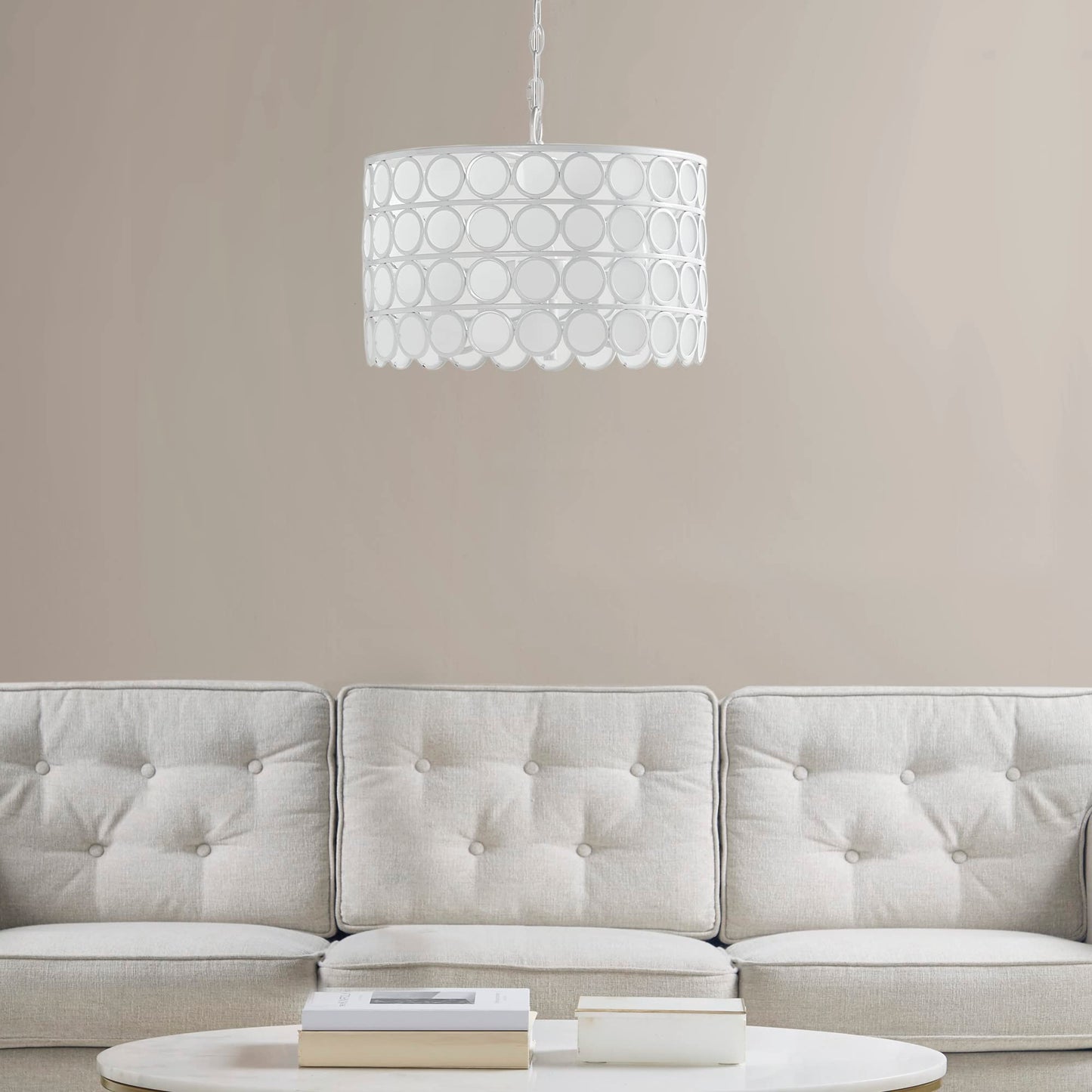 Hampton Hill Mid Century Chandelier, 16.25Dia X 51.75H, White, Iron & Glass, Model Fb150-1160, Adjustable Ceiling Light For Bedrooms & Dining