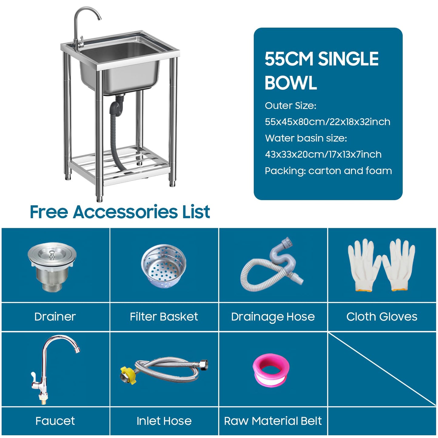 Vivrhintty Free Standing Stainless-Steel Single Bowl Kitchen Sink Set with Faucet, Utility Washing Hand Sink for Indoor and Outdoor Use