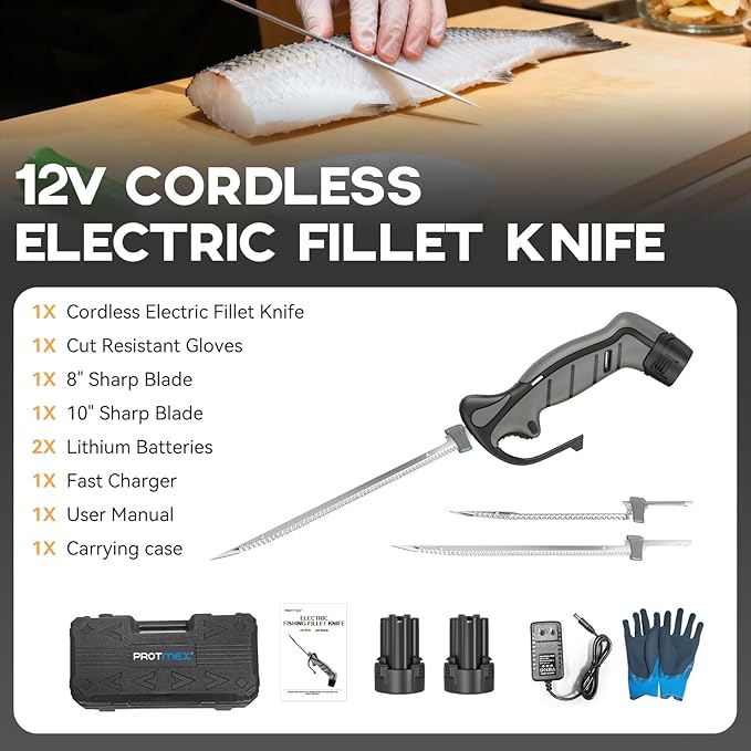Protmex Cordless Electric Fillet Knife with 8" and 10" Sharp Blades, 12V Electric Fillet Knife with Non-slip Grip Handle, Gloves and Safety Lock, for Fishing, Filleting, Meat, Bread, Outdoors