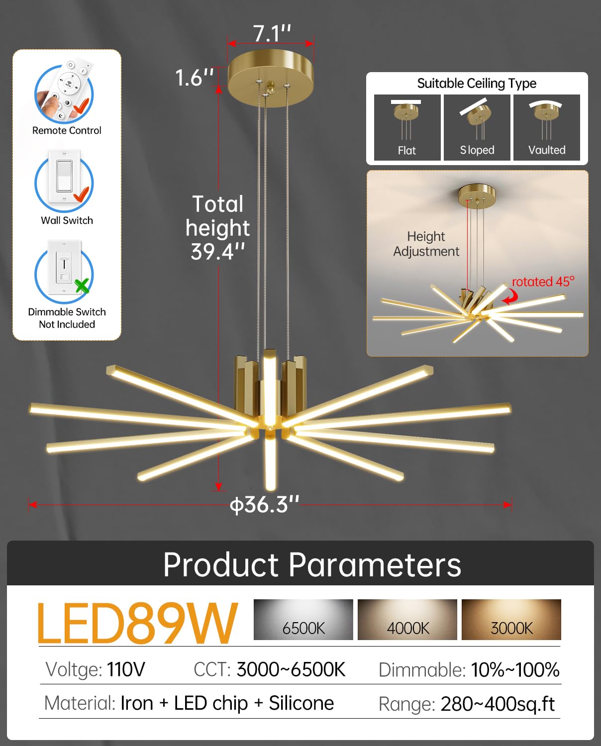 JYUWRIVG Modern Led Chandelier, Dimmable Sputnik Light Fixture, Copper, Model YM05