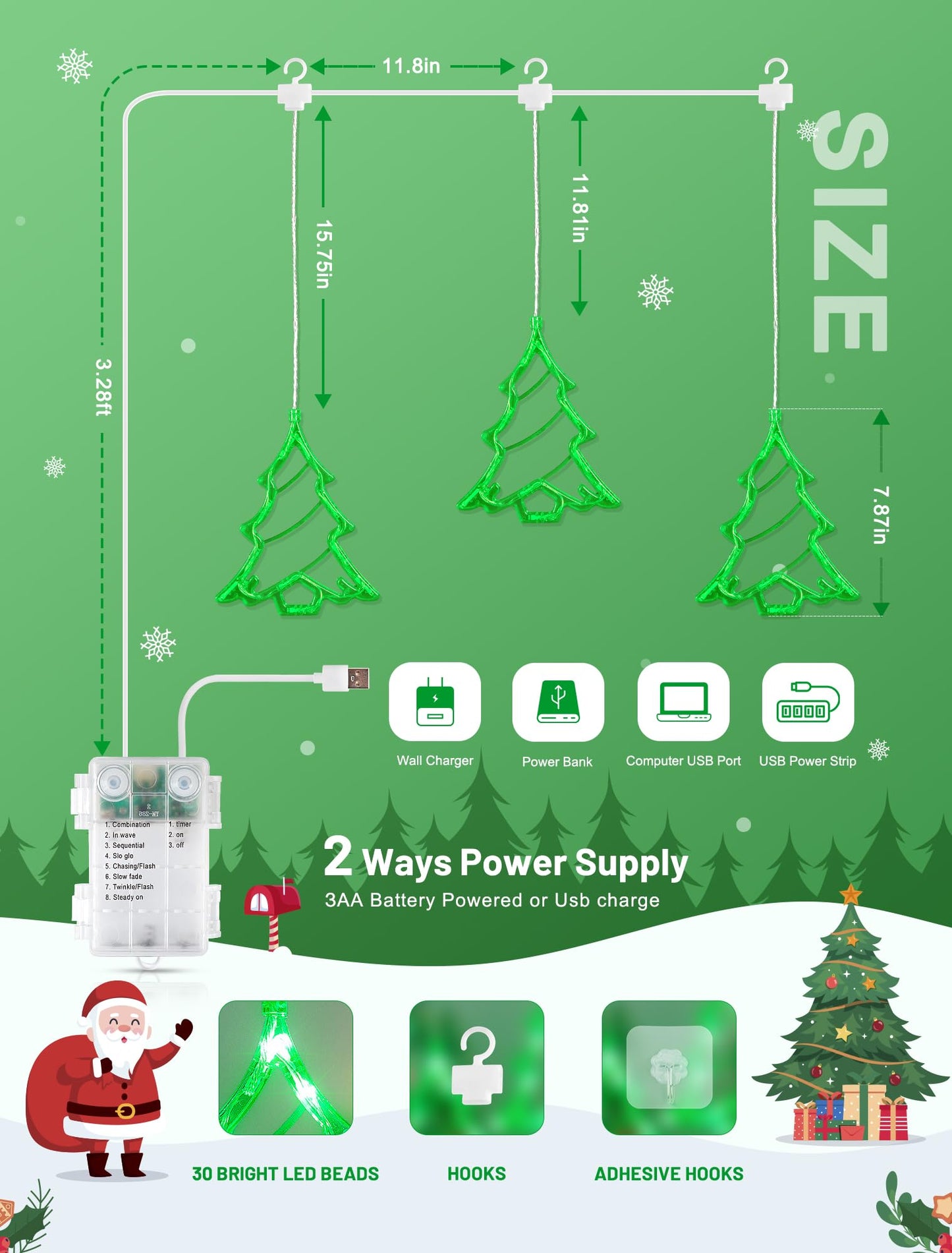 Youngar Christmas Tree Lights Outdoor Tree Window Light Battery/Usb Powered With Timer 5Ft 30 Led Warm White Indoor Holiday Decor