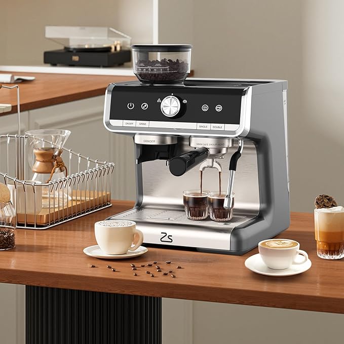 Semi-Automatic Espresso Machine, 20 Bar Professional Coffee Maker with Grinder, 1450W Fast Heating, 30 Grind Settings, Milk Frother Steam Wand, 2.8L Water Tank,Home & Kitchen Espresso Machines, Silver