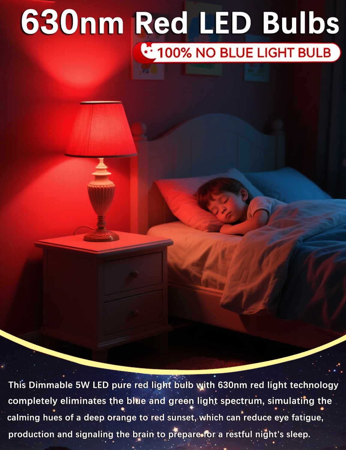 Angyues 630nm Red Sleep Bulb Dimmable, 100% Blue Light Blocking, Promotes Melatonin Production, E26 A15 LED 5W Red Dim Night Light for Baby's Bedroom, Sleeping, 4Pack