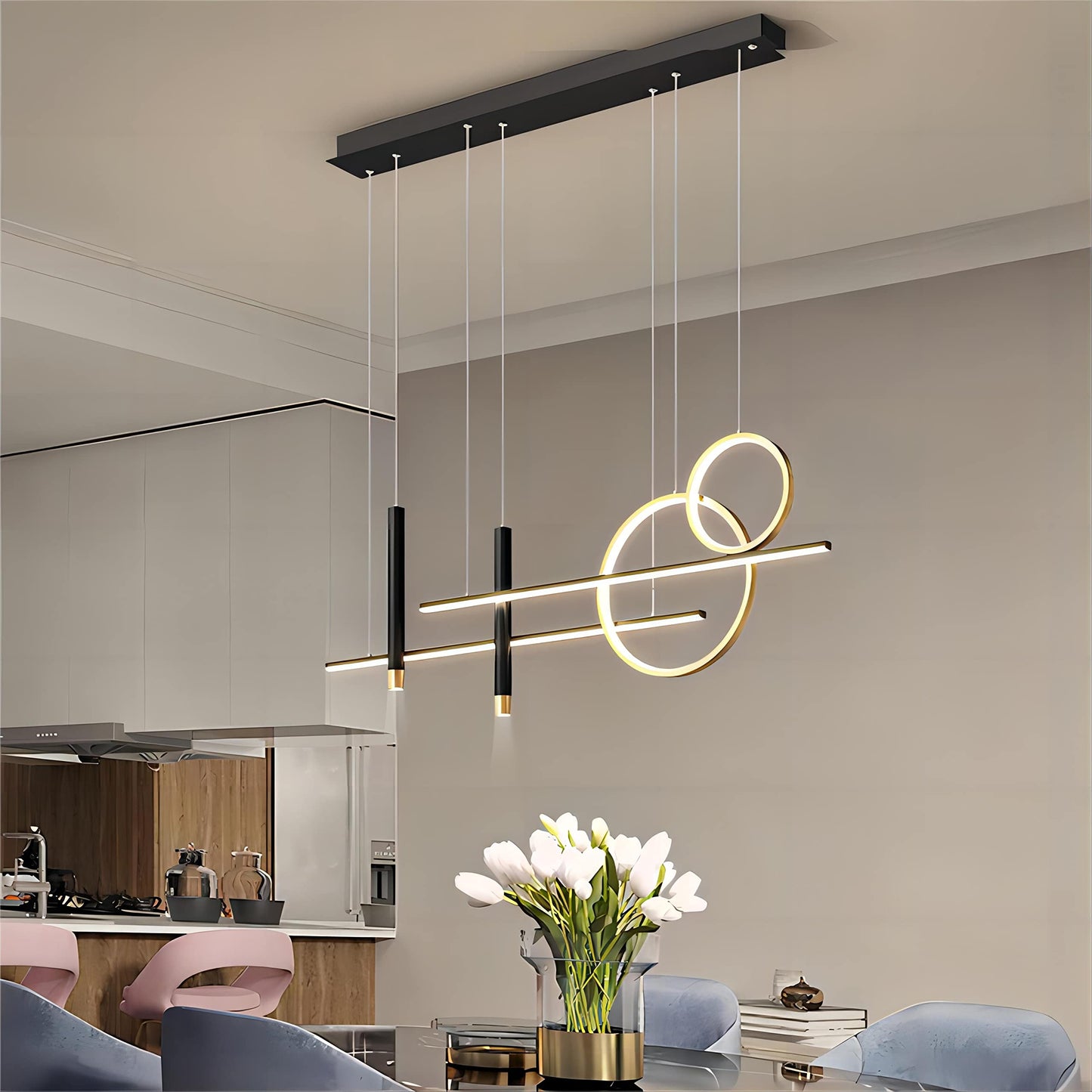 Generic 6 Lights LED Island Light, 39.4in Geometric Pendant, Metal, Remote Control, Dimmable, Black Gold, Model 8656