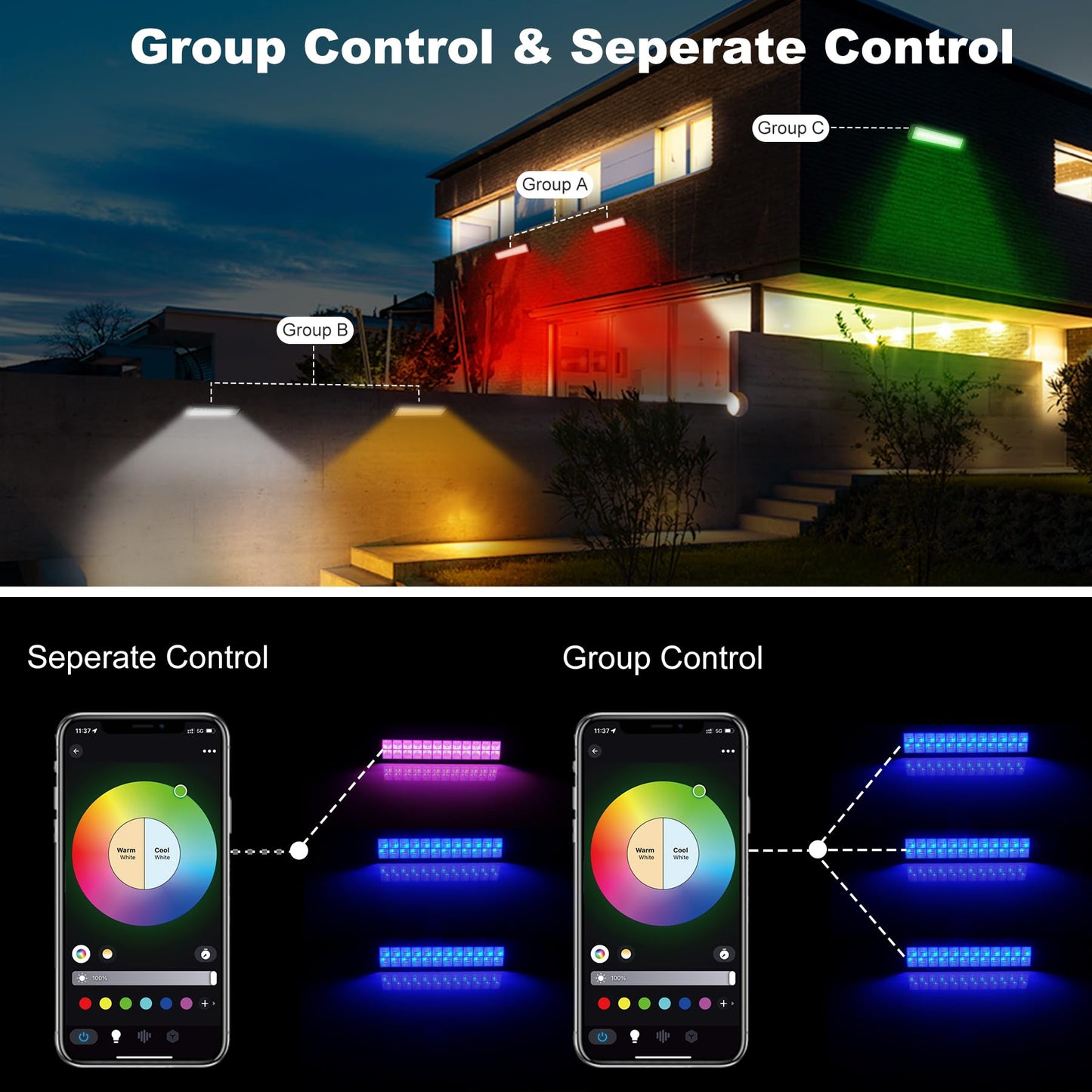 T-SUN RGBCW Wall Washer Lights 50W 2-Pack with APP & Remote Control, Music Sync, Aluminum, Model TS-F0410-RGBCW-BT-US-2P