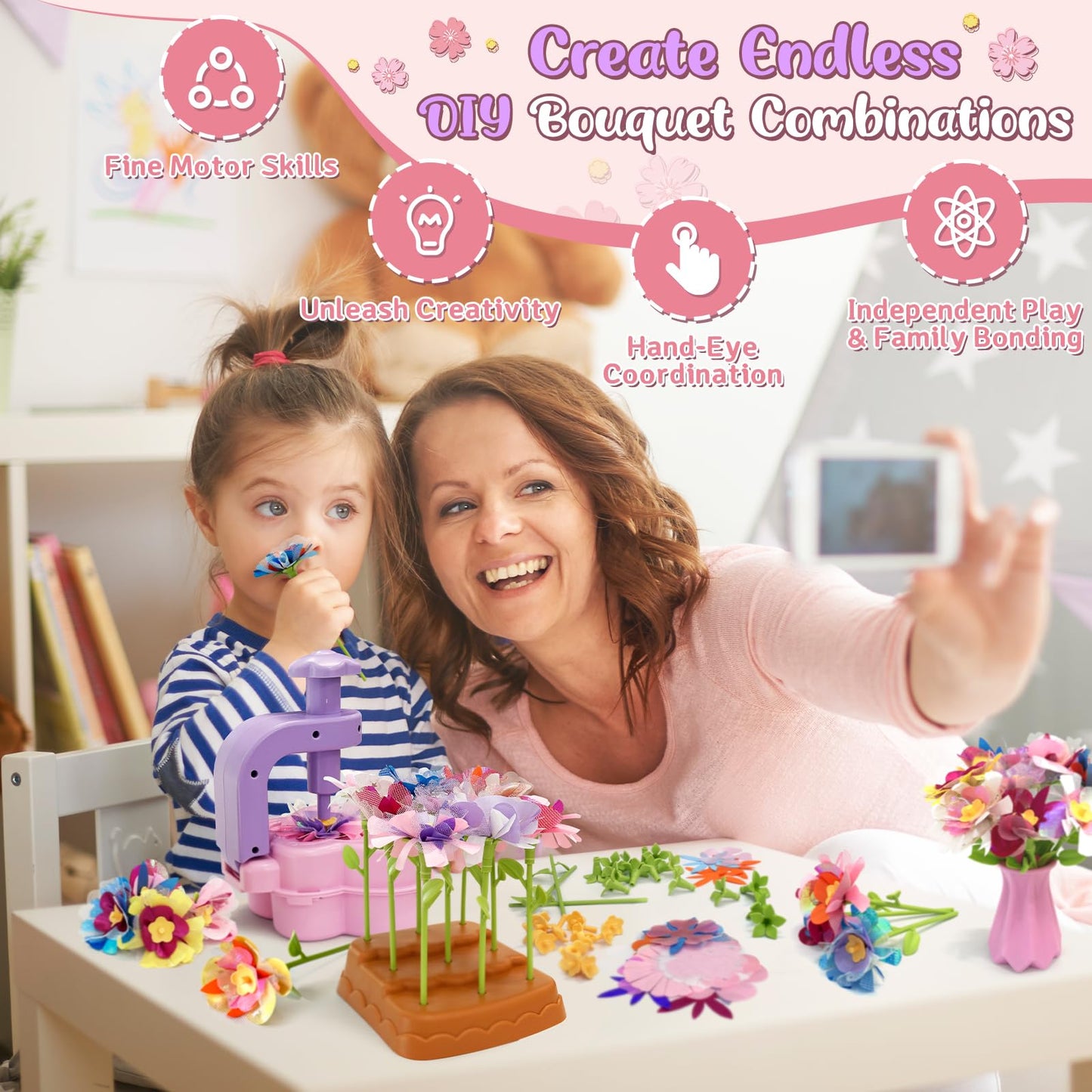 Fabric Flower Bouquets Toys – Mess-Free Flower Crafts for Kids & DIY Arts and Crafts for Child Ages 3 4 5 6 7 8 9+, No Glue Needed, Fun Early Educational STEM Gift for Birthdays, Christmas, Holidays