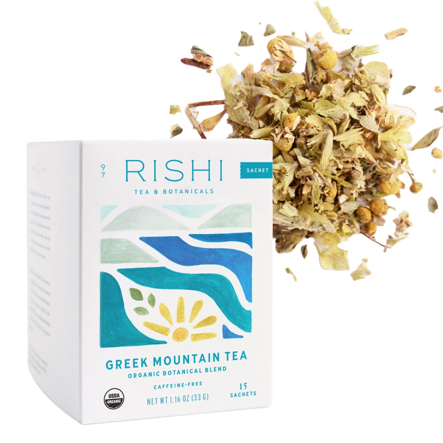 Rishi Tea Greek Mountain Tea Herbal Tea - Organic Caffeine Free Sachet Tea Bags Sleep Friendly Fortifying Botanical Blend with Ironwort - 15 Count (Pack of 1)