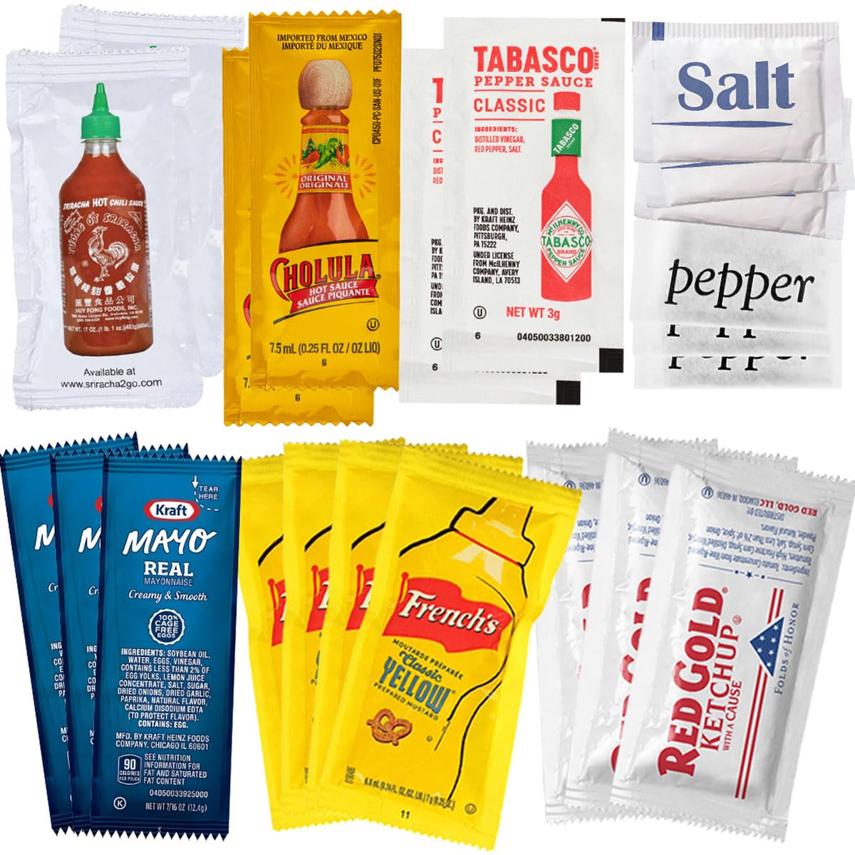 Condiment and Hot Sauce Packets Variety Pack - 325-ct Single Serve Ketchup Packs Mayo and Mustard & Salsa Picante S w/Tabasco Pepper Sauce Spicy Sriracha & Mini Mexican Hot Sauce Packets