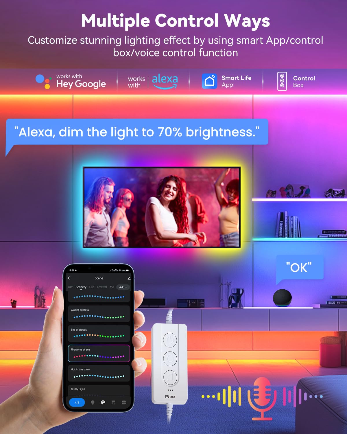 Pak LED Strip Lights 104ft, RGBIC Color Changing, Smart App & Voice Control, Music Sync, Flexible, Multicolor, Model 706001112