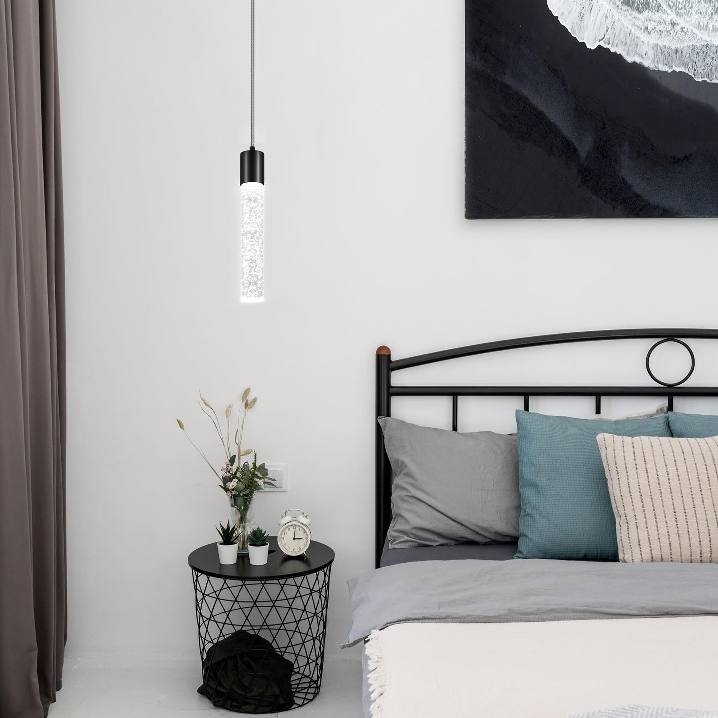 Esfos Pendant Lights Kitchen Island 6500K Modern Kitchen Island Lights Brushed Black 1 Pack Ceiling Lighting Fixtures With Crystal Bubble Integrated Led Hanging Light For Dining Room Restaurant
