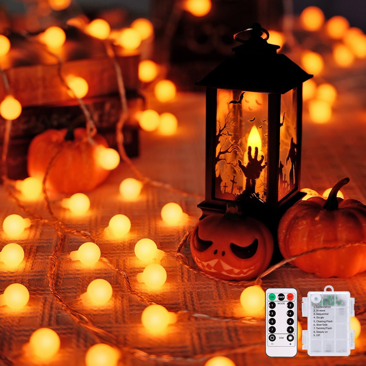 JMEXSUSS Orange Lights for Halloween, 33ft with 8 Modes Remote, 100 LED Globe String Lights Outdoor Battery Operated for Hallowe