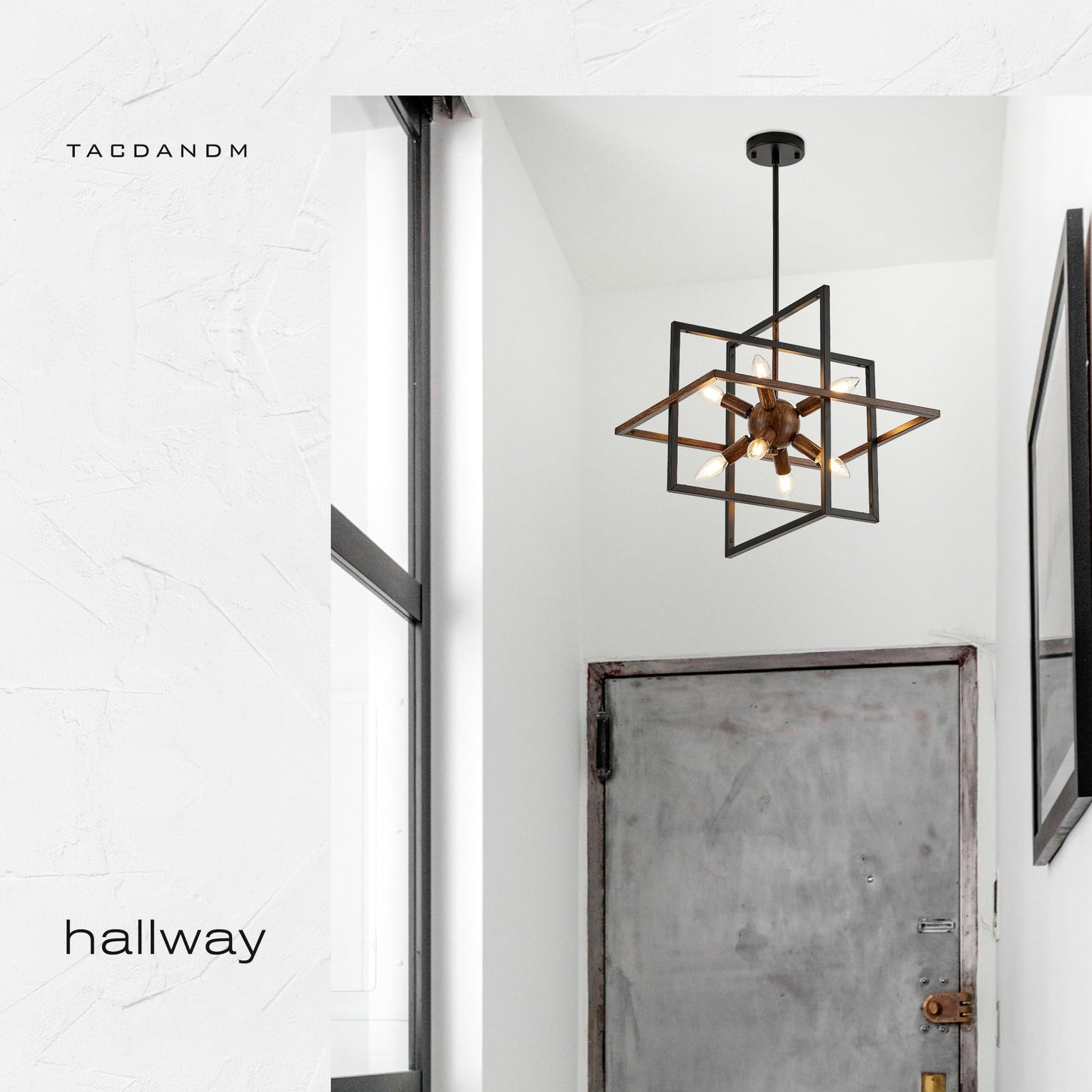 Tacdandm 8-Light Wood Grain And Vintage Black Sputnik Chandelier 18.9 Industrial Pendant Lighting Fixture For Dining Room