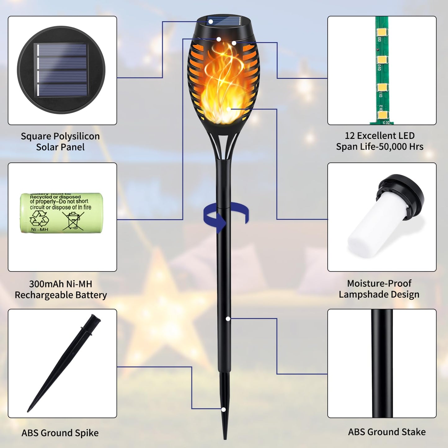 KYEKIO Solar Torch Lights - Outdoor Flickering Flame, Waterproof, 12Pack, Orange, Plastic