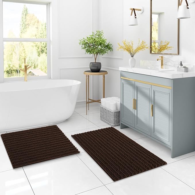 Arotive Luxury Chenille Toilet Rugs U-Shaped, Extra Soft Thick Absorbent Bathroom Mat, Non-Slip Shaggy Plush Contour Rugs, Machine Wash Dry Bath Mat for Toilet Base, 24x20, Brown