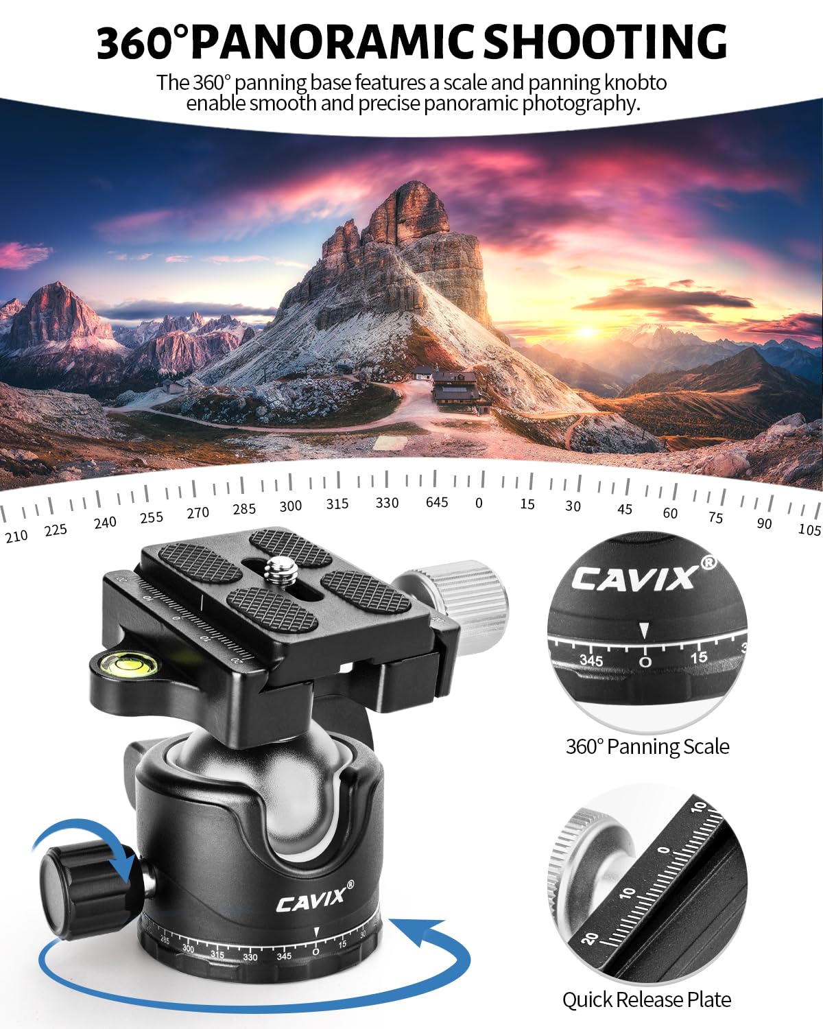 Ball Head Mount, Cavix 36Mm Ball Head Camera Tripod Head With 1/4 Arca Swiss Quick Release Plate For Tripod, Monopod, Dslr, Came