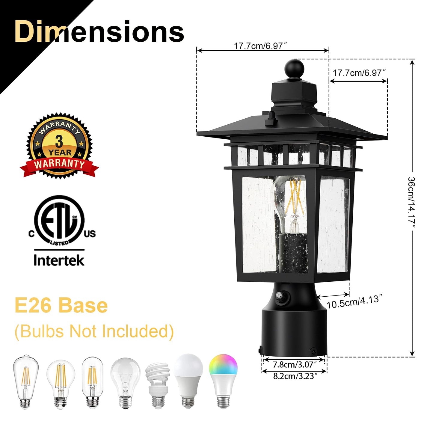 Apoto Dusk To Dawn Outdoor Post Lights Black Waterproof Lamp Post Light Fixture Aluminum Lamp Posts Outdoor Lighting Pole Lantern For Outside Yard Patio Pathway Garden Deck Hard Wired 1-Pack