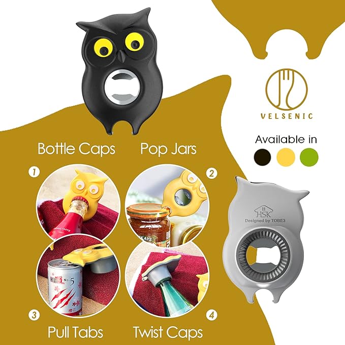 4-in-1 Manual Owl Bottle Opener - BPA-Free Multi-Function Opener for Bottle Caps, Jars, Pull Tabs & Twist Caps, Ergonomic Design for Kids, Seniors & Weak Hands (Black)
