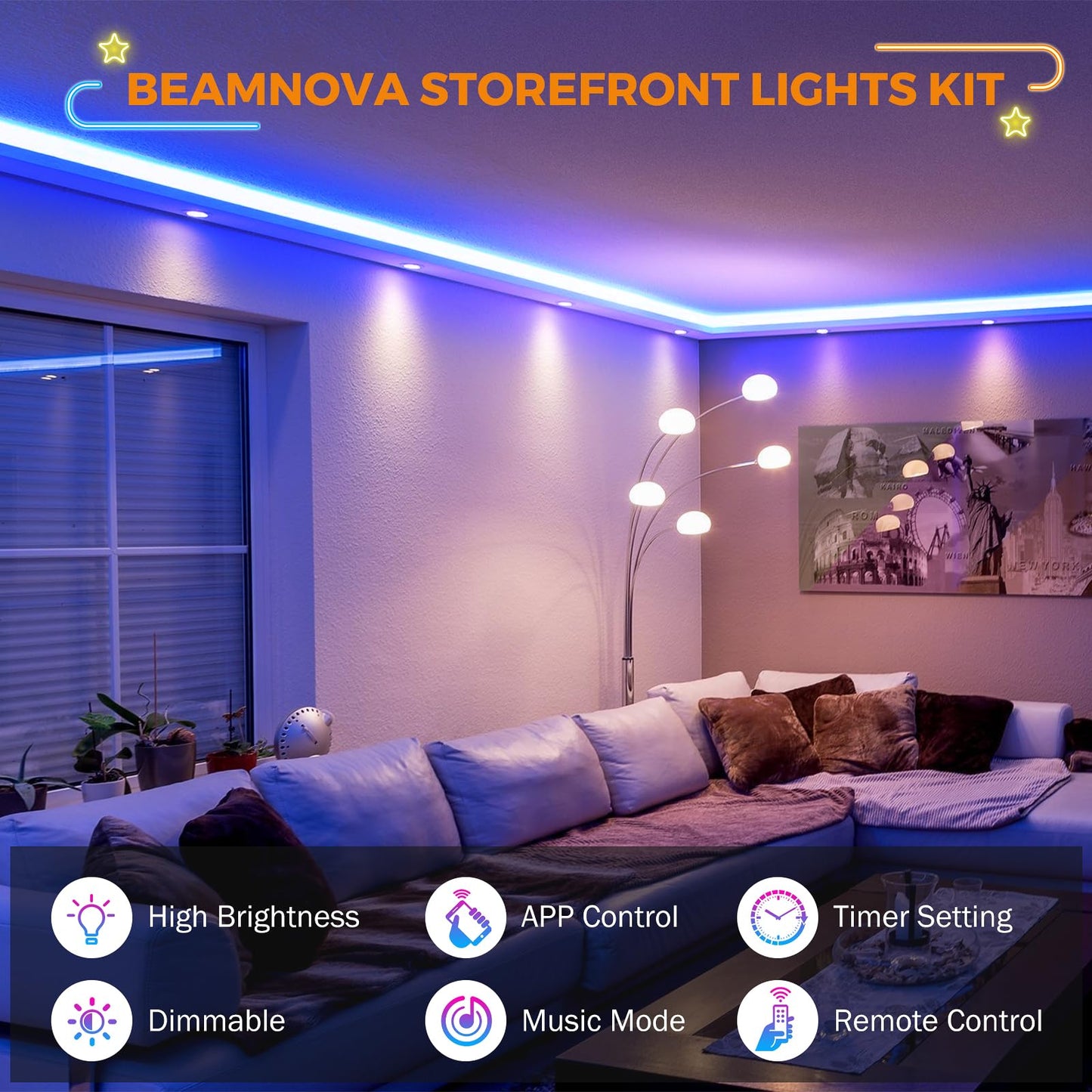 BEAMNOVA 100Ft Blue Storefront Lights Kit, Remote/Bluetooth Control, Dimmable, AC 120V to DC 12V, Model BI00LTK6982-0