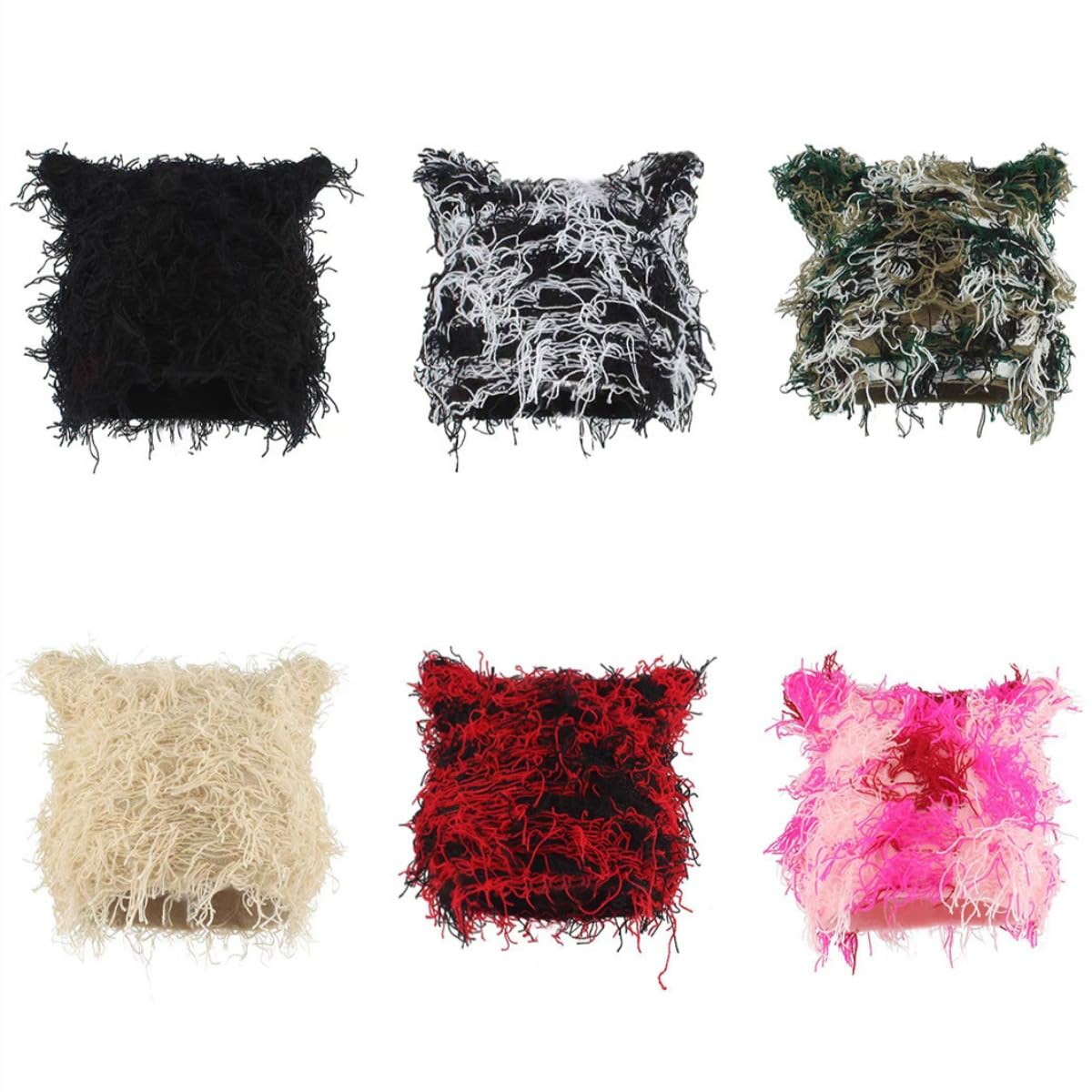 Distressed Knitted Beanie Cat Ear Design Fuzzy Skull Cap Thick Warm Y2k Beanie Cap for Women Men (Black&White)