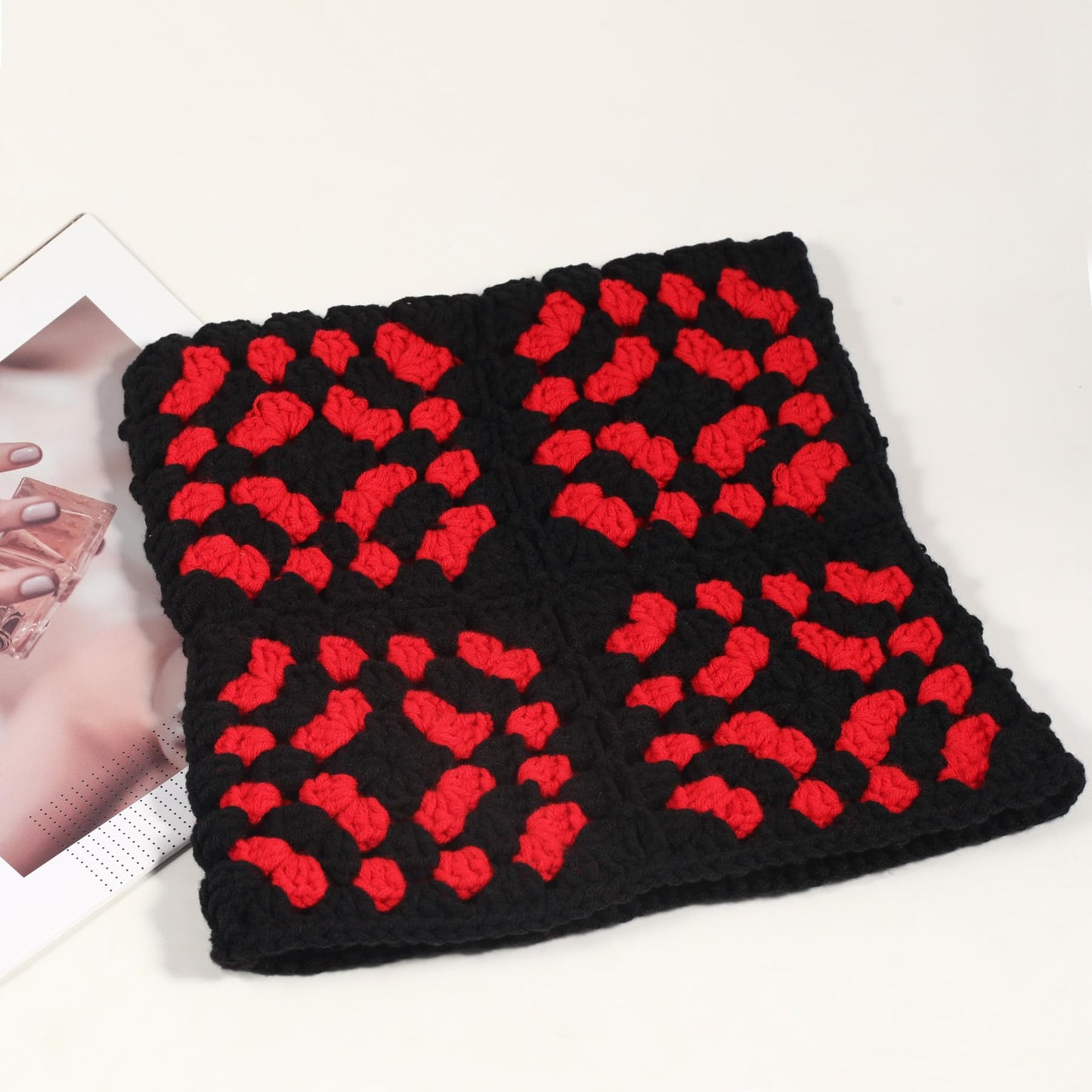 Crochet Hat for Women Cute Beanie Hat Cat Ears Cap Autumn and Winter Handmade Knitted Kawaii Slouchy Mixed Color (US, Numeric, 6 3/4, 7 1/2, Black and Red)