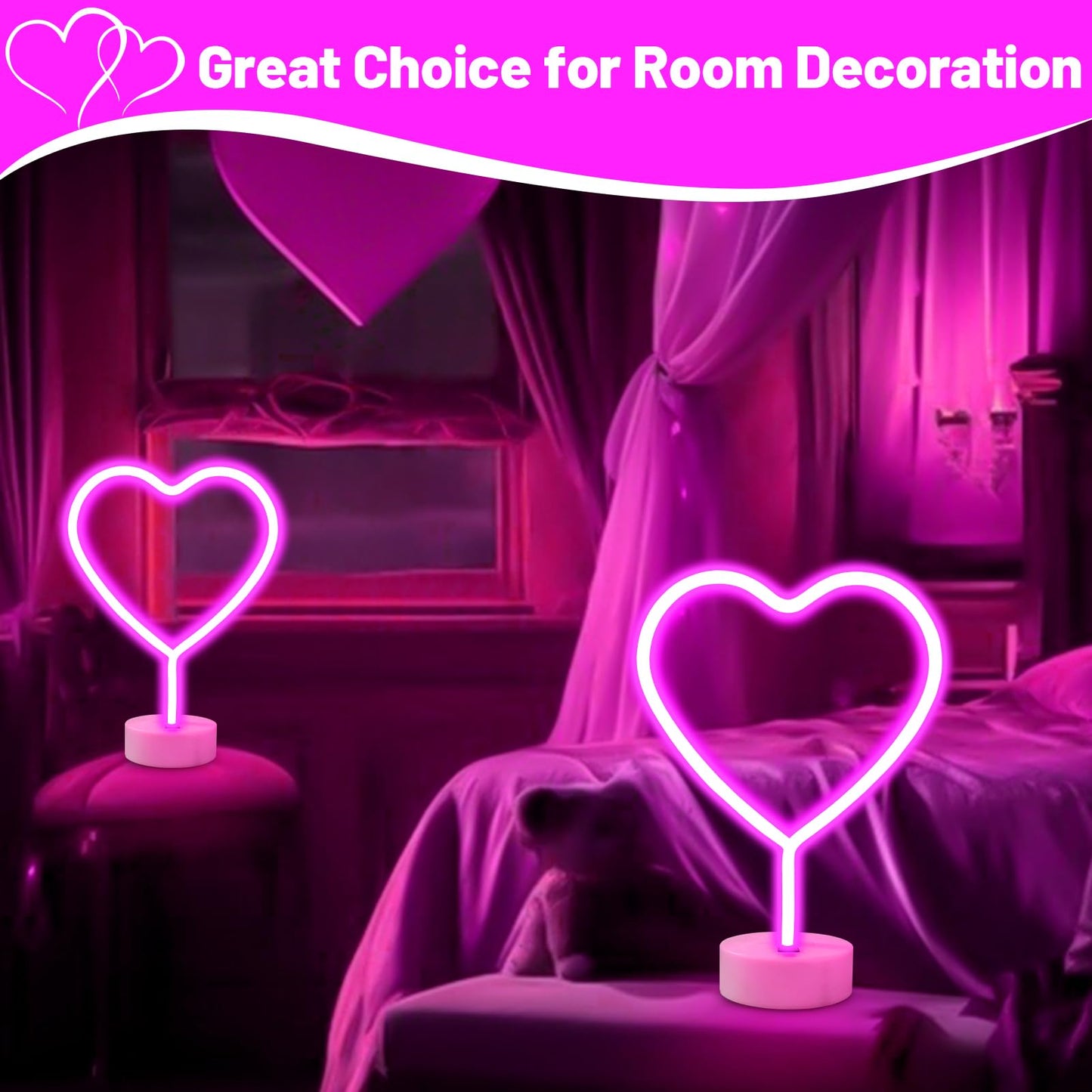 Brightdeck 2 Pack Heart Neon Signs Led Lights Battery Operated Or Usb Powered Decoration Lamp Neon Lights Decor For ValentineS Day Gifts Wedding Party Pink Room Decor (Pink Heart)