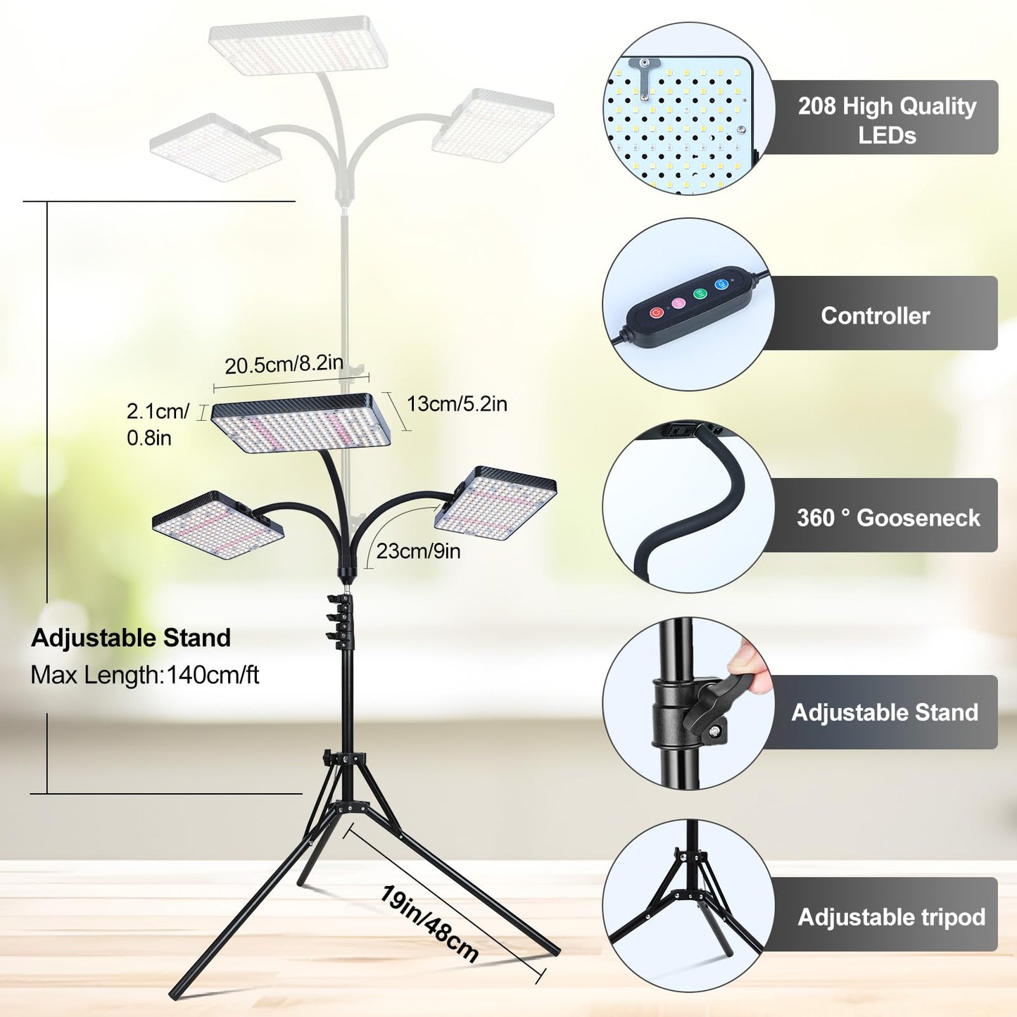 Orchbloom Grow Light with Stand, 75W Full Spectrum, 3 Head, Black, Zinqolay, Auto Timer for Indoor Plants