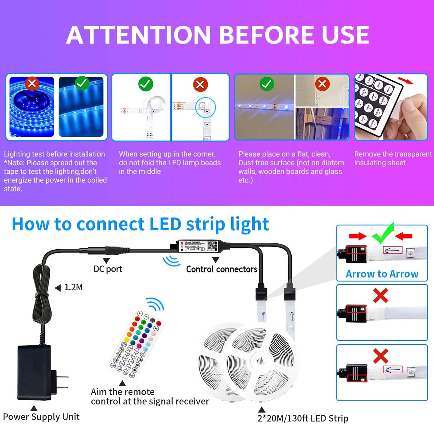 IKERY LED Strip Lights, 130ft RGB Music Sync, Bluetooth Controller, Cuttable & Dimmable, Multicolor, PVC