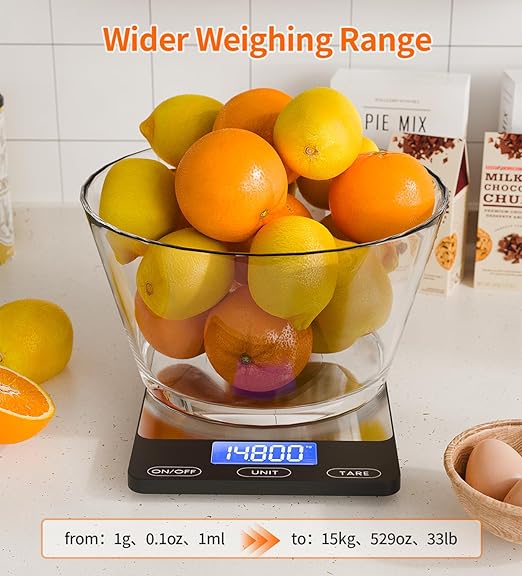 Food Scale -33lb Digital Kitchen Scale for Food Ounces Grams Rechargeable 304 Stainless Steel,Batteries and Type-C Charging | Perfect for Meal Prep, Cooking, and Baking, Black, Larger Size