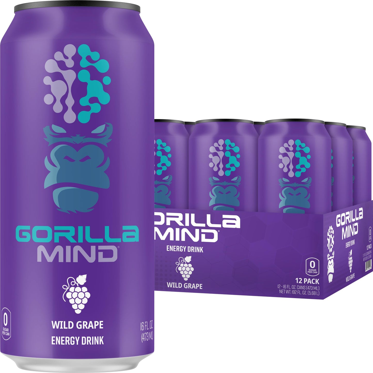 Gorilla Mind Energy Drink | Unmatched Energy Amplified Focus | N-Acetyl-L-Tyrosine Alpha-GPC 200mg Caffeine Uridine Saffron | 0 Sugar Or Artificial Colors | 16oz 12-Pack (Wild G)