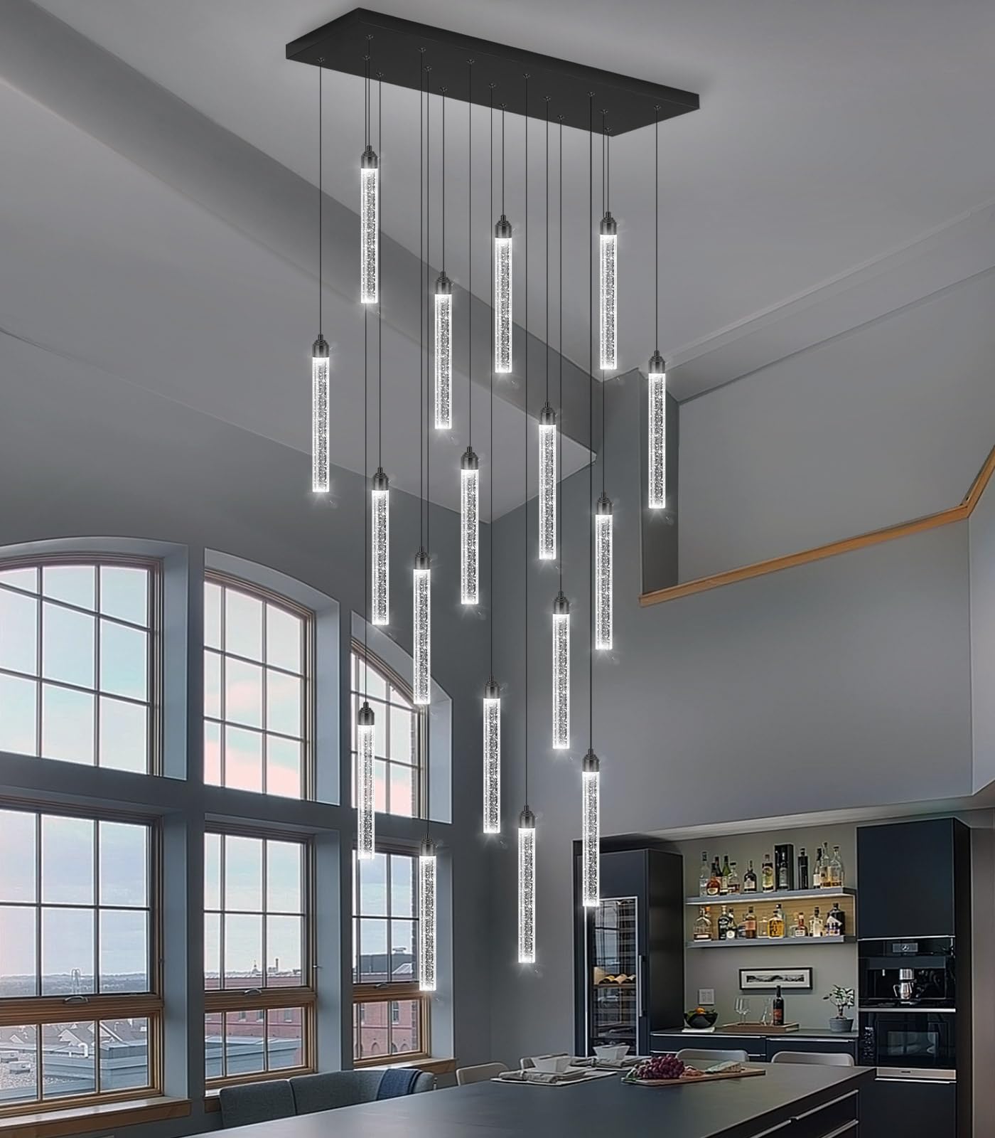 Rectangular Chandeliers 17-Lights Long Light For Entryway Led Dimmable Chandeliers Lighting Fixture Flat Sloped High Ceiling Pendant Lights Crystal For Living Room Foyer Hallway Staircase Black
