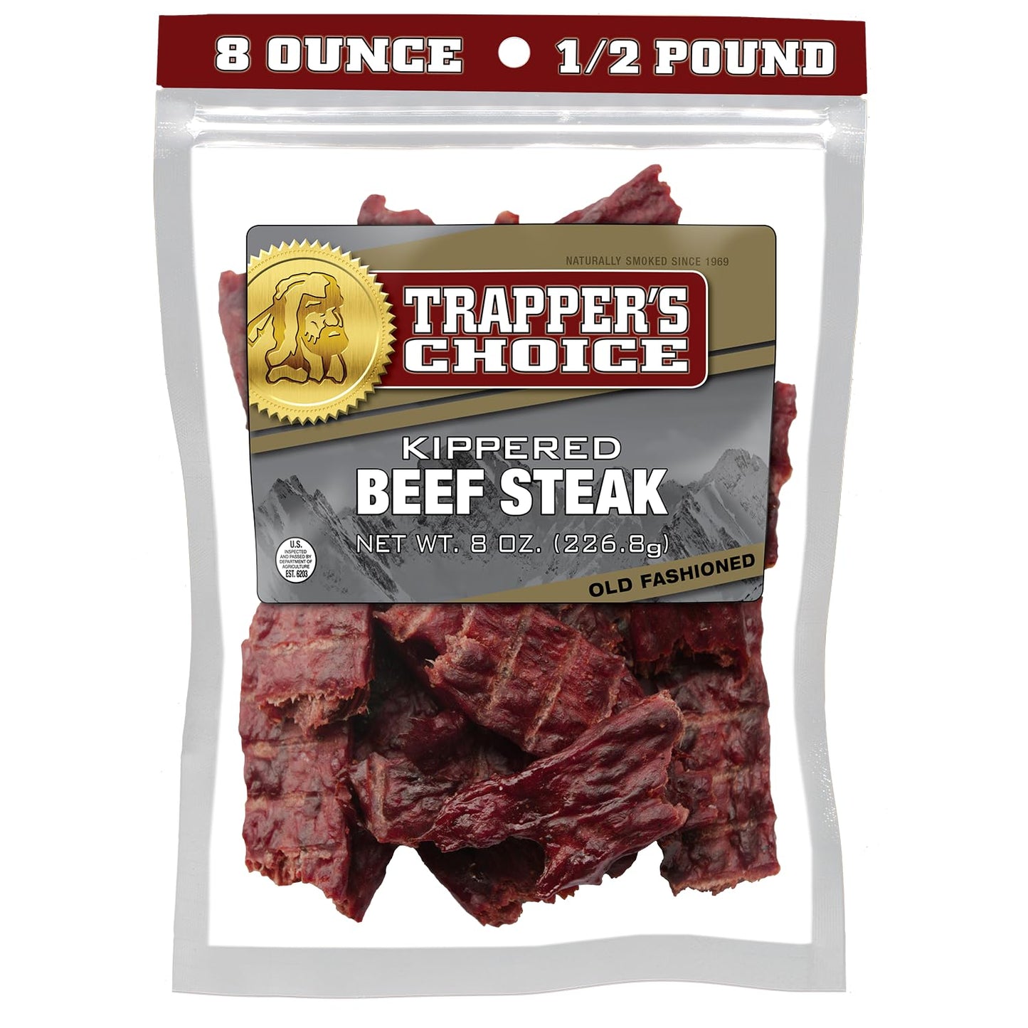 Old Trapper, Trappers Choice Kippered Steak, Old-Fashioned Flavor, Eight-Ounce Individual Package, Savory Steak Pieces, 10 Grams