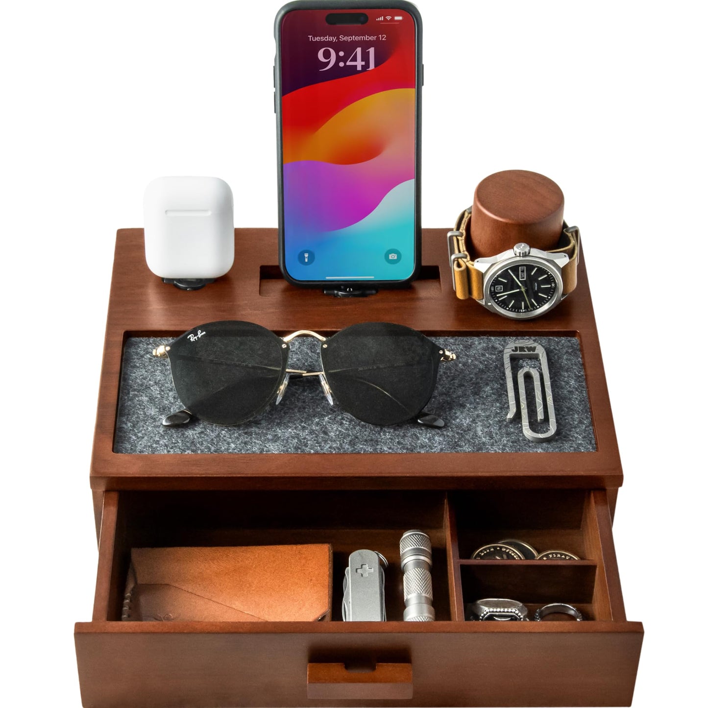 Holme & Hadfield Premium Wooden Phone Docking Station with Drawer - Nightstand Organizer for Charging Phone & Earbuds - Declutte