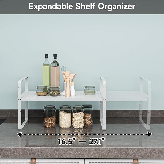 16.5-27’’L Expandable Cabinet Countertop Shelf Organizer, Stackable Metal Shelves, Kitchen Organizers and Storage, White Storage Spice Rack for Pantry and Cupboard