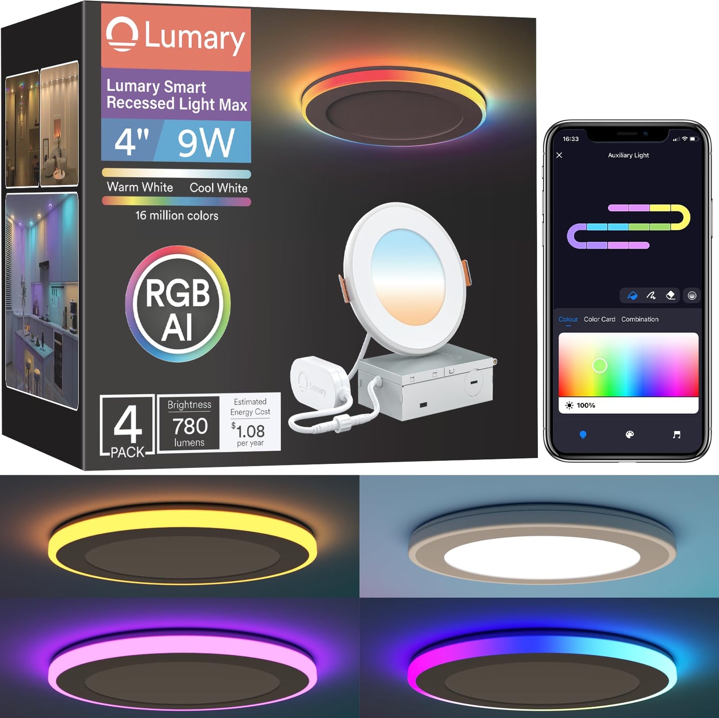 Lumary RGBAI Smart Recessed Lighting 4 Inch with Gradient Accent and Night Ring, 9W 780LM WiFi Canless Wafer Downlight with Junc