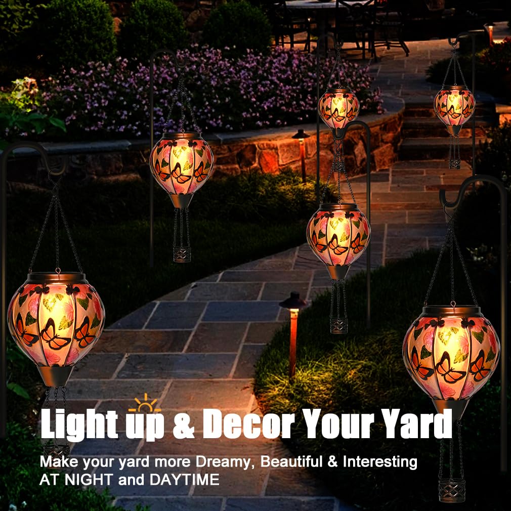 Hot Air Balloon Solar Lantern - Butterfly Stained Glass Lantern Simulated Flickering & Dancing Flame Outdoor Hanging Yard Light Waterproof Ip65 For Patio Lawn Porch Decor Gift