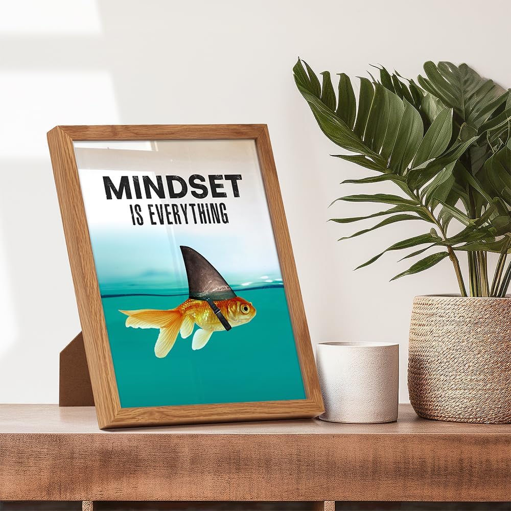 Mindset is Everything FRAMED - Motivational Wall Art Poster for Home, Office - Gift for Entrepreneur, Student, Men - Inspirational Decor - Uplifting Self-Improvement Positive Quote - Shark Goldfish