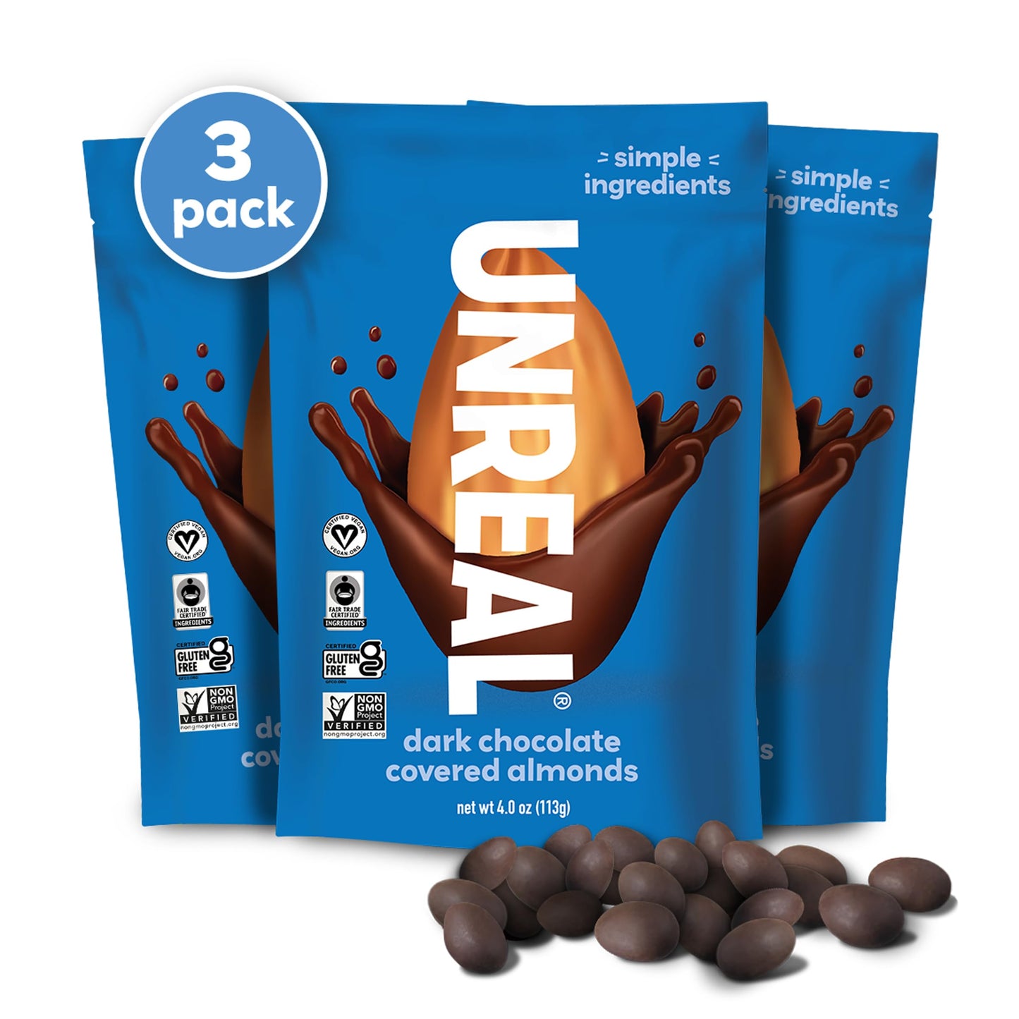 UNREAL Dark Chocolate Almonds - Certified Vegan Gluten Free Fair Trade Non-GMO No Sugar fermented-style flavors or Soy (3 bags)