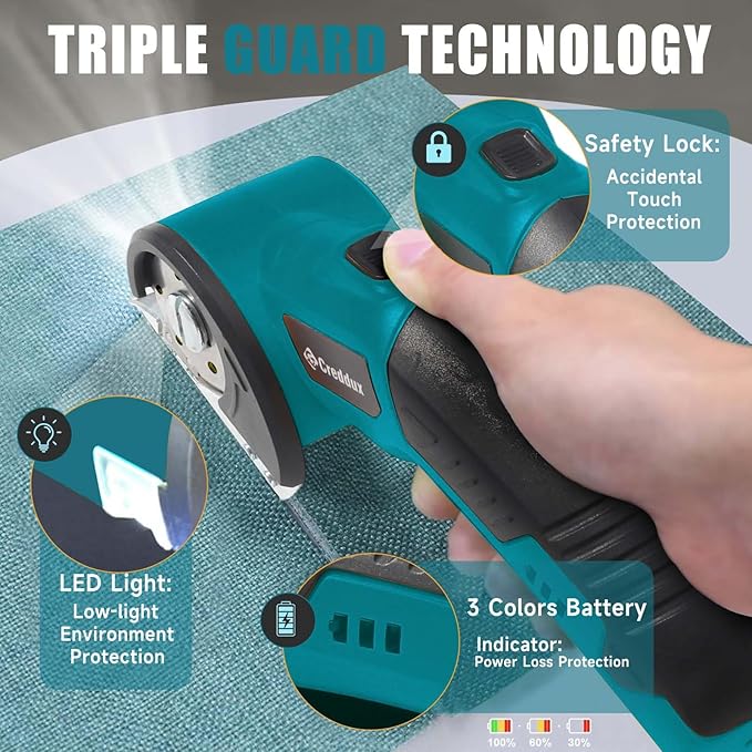 Cordless Electric Scissors,Cardboard Cutter Heavy Duty Scissor with 3 Blade, Safety Lock & Extra Blade,Rotary Cutter for Cardboard Fabric Plastic Leather Dark Blue