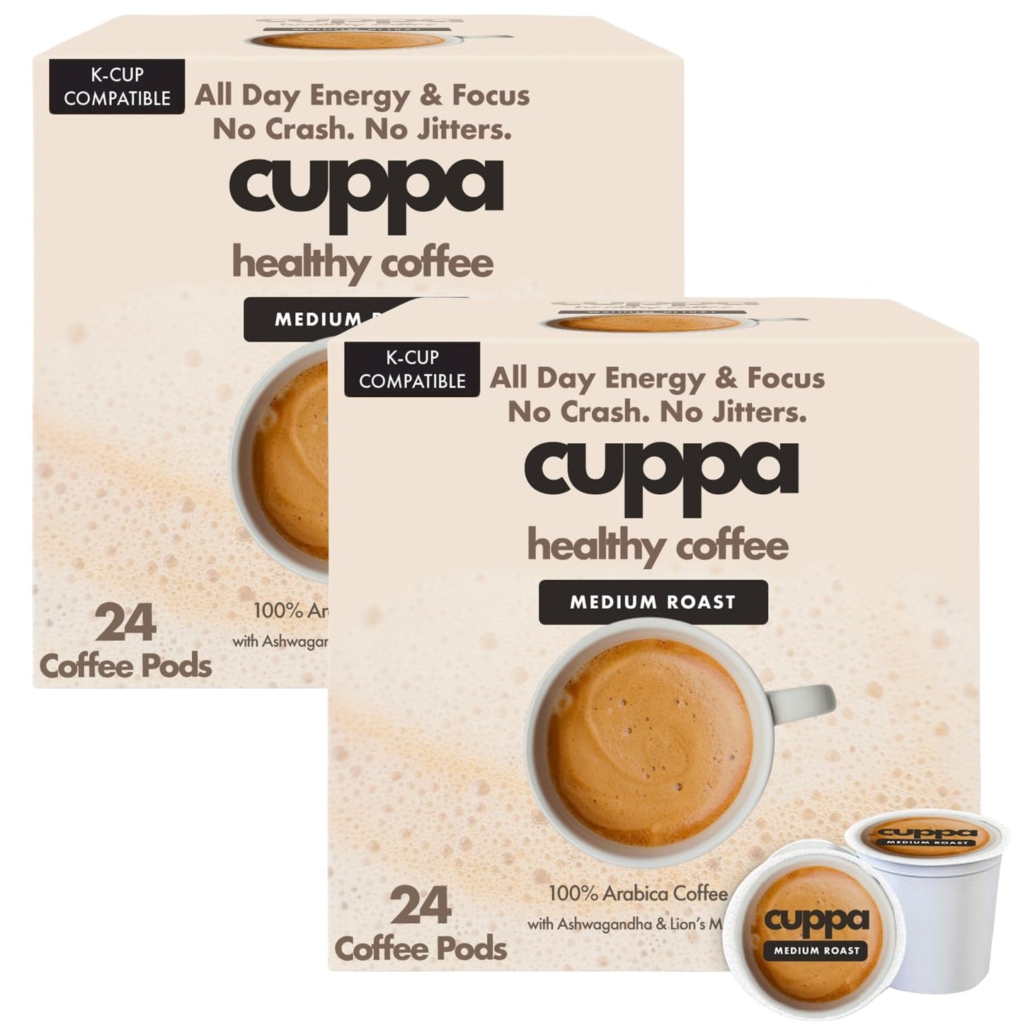 Cuppa Healthy Mushroom Coffee Single Serve Pods (K-Cups) with Lions Mane & Ashwagandha for All Day Energy & Focus - No Crash or Jitters - Nootropics for Brain Health Gut Health Immunity Stress Memory + Mood - 48 Servings