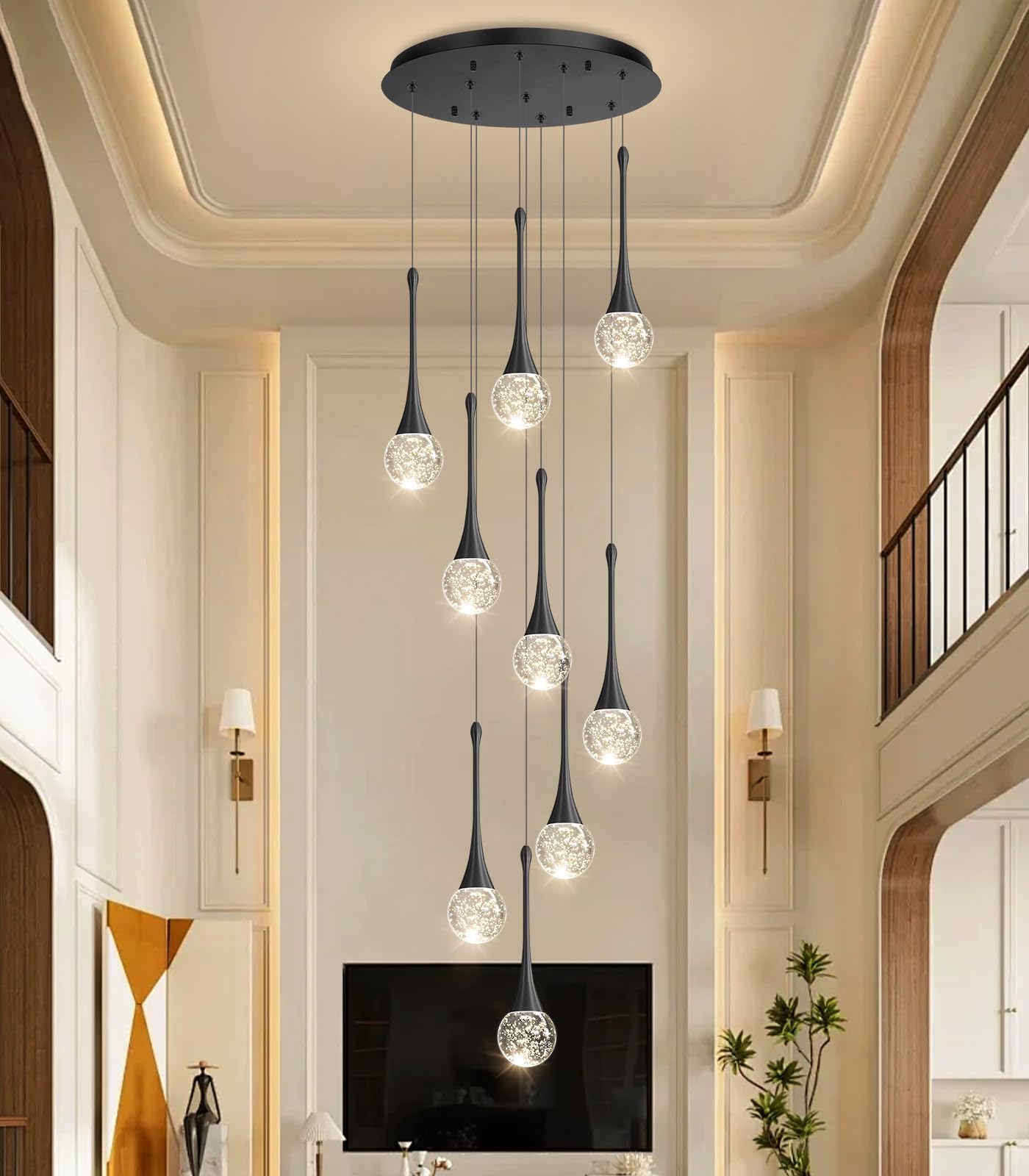 9 Light Modern Glam Crystal Chandelier For High Ceiling Led Dimmable Ceiling Pendant Light Staircase Foyer Enterway Living Room Chandelier Lighting Antique Black
