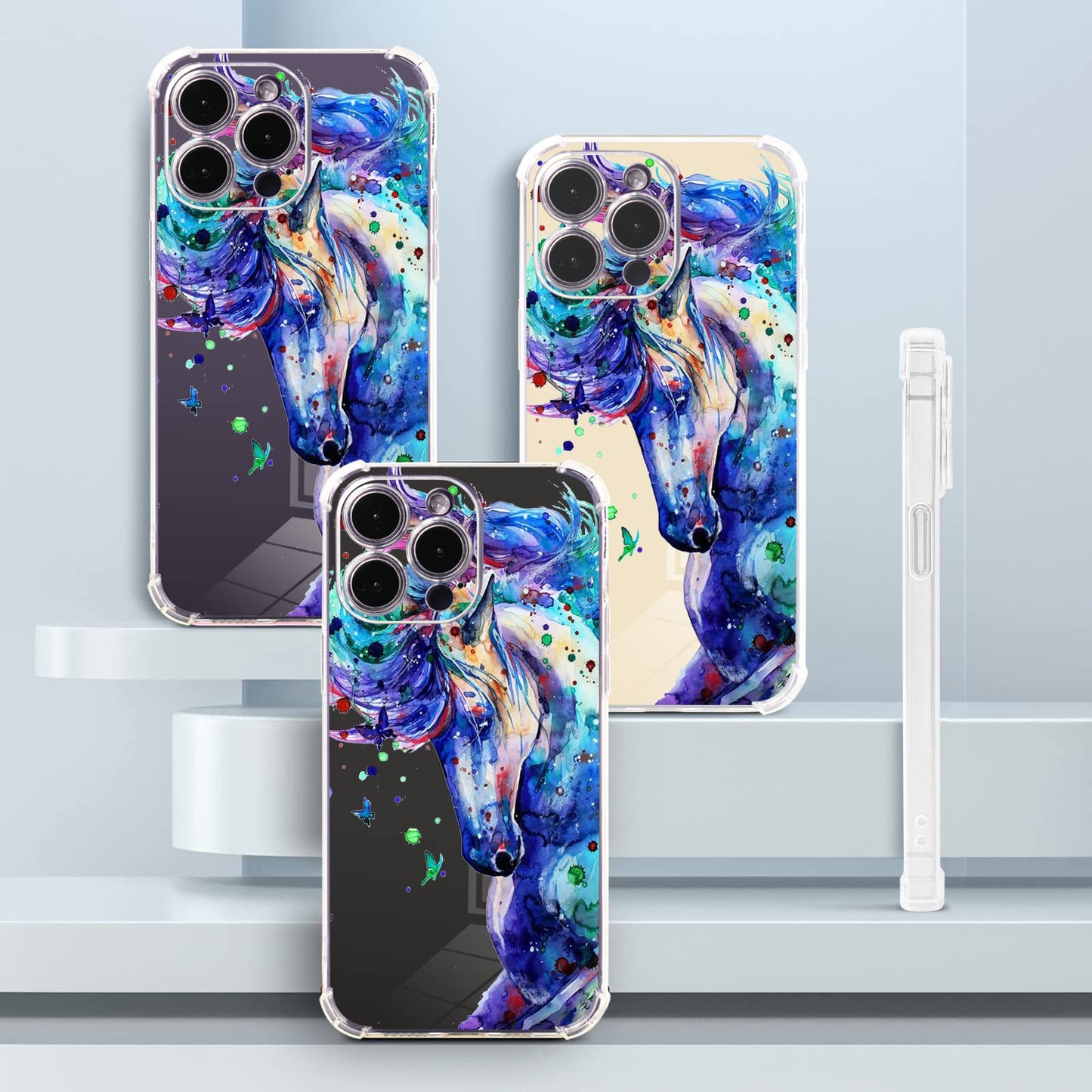 Roemary Purple Case For Iphone 12 Mini With Blue Horse Design,Watercolor Pattern With Screen Protector [Buffertech 6.6 Ft Drop I