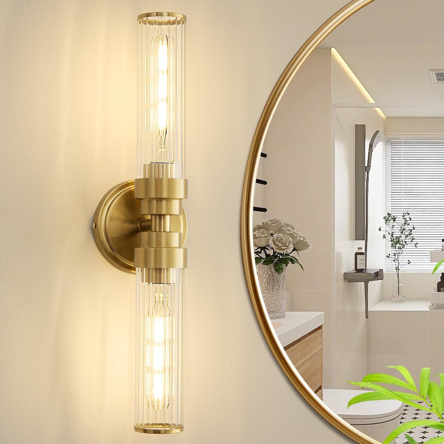 Vaziden Bathroom Light Fixtures Gold Wall Sconce In Threaded Glass Vanity Lights 2 Pack Modern Bathroom Vanity Light Up And Down Sconces Wall Lighting For Bathroom Living Room - Bulb Not Included