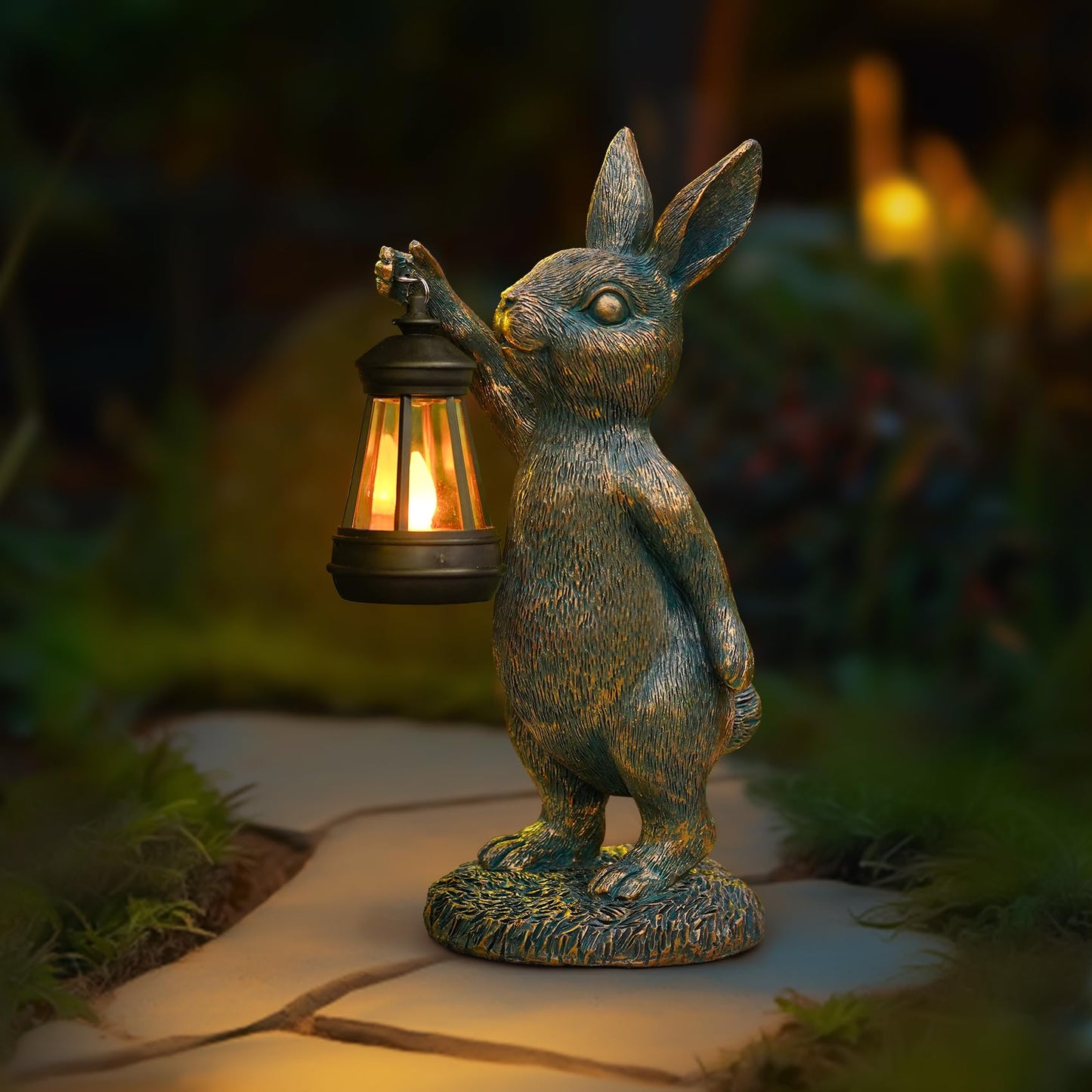 MININOVA Rabbit Garden Statues with Solar Lantern Bunny Outdoor Resin Sculpture for Patio Yard Lawn Decorations Gifts for Mother