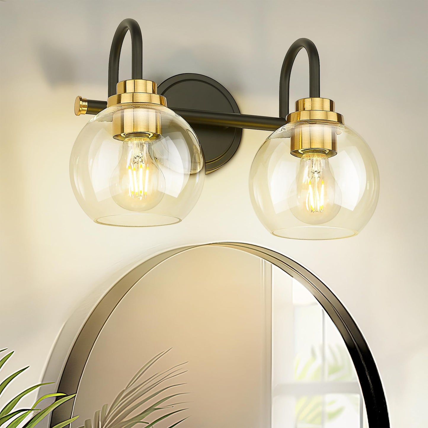 Audickic Bathroom Light Fixtures 2-Light Black And Gold Vanity Lights With Globe Clear Glass Modern Vanity Lighting Fixtures Over Mirror Ad-22280-2W-Kg