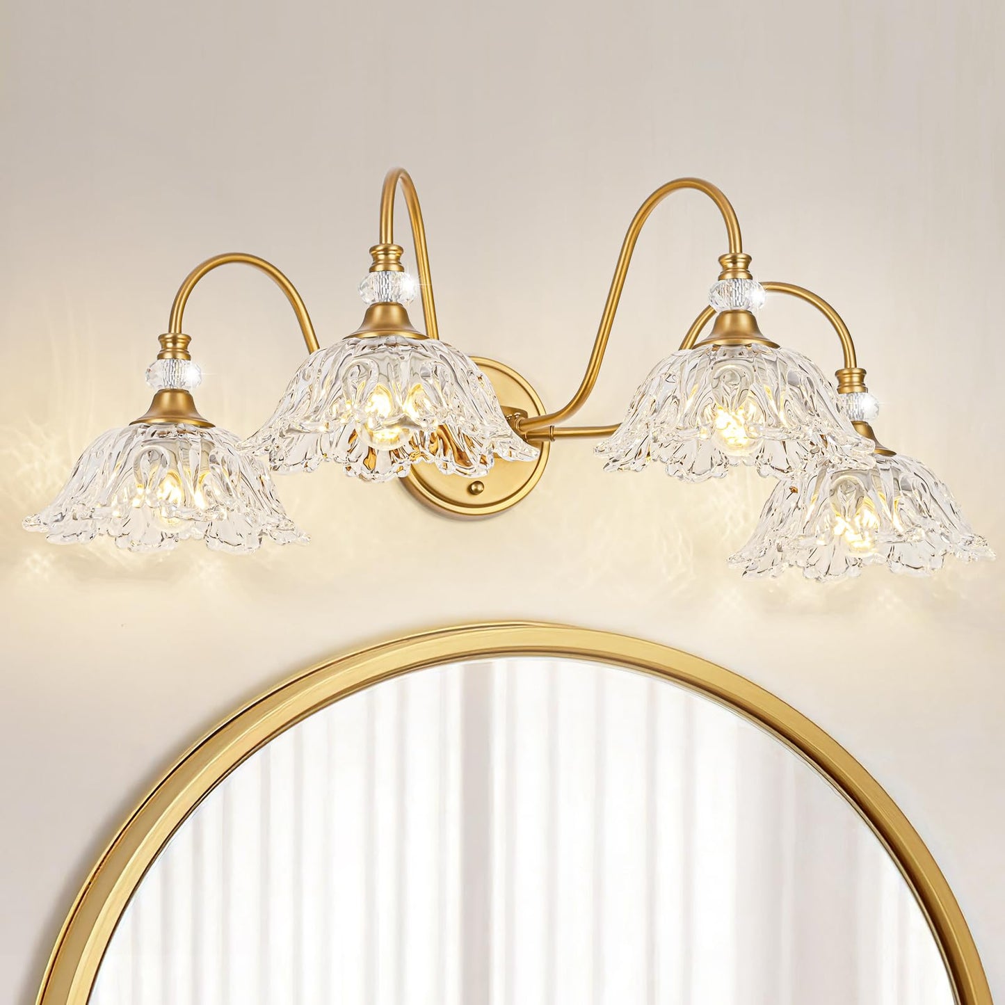 Sunkryster Vintage Matte Brass Finish Bathroom Vanity Light 4-Light Vanity Light With Floral Glass Shades Retro Wall Mount Lighting For Bathroom Dressing Table