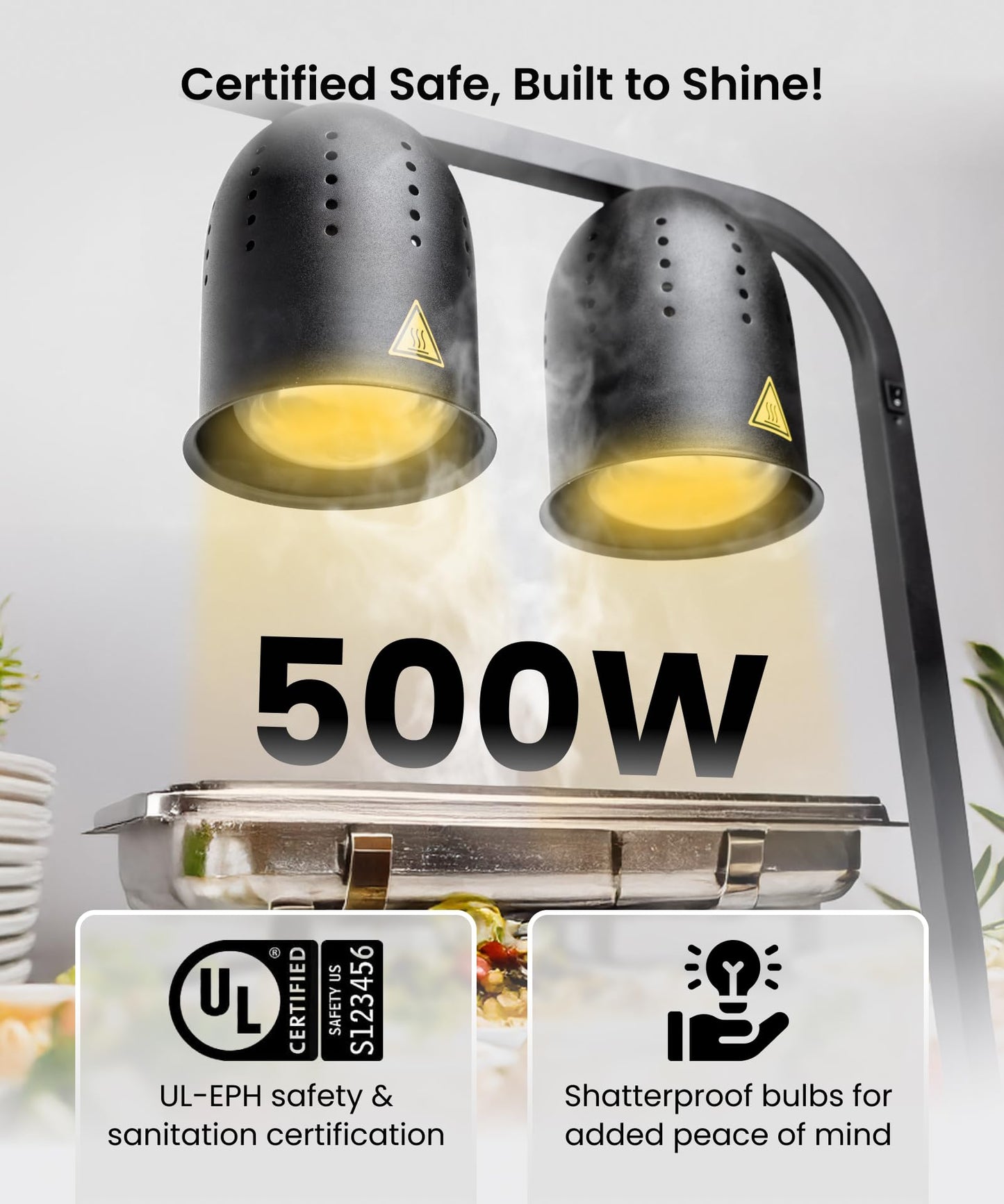 SYBO DL2112 Commercial Grade Food Heat Lamp, Portable Electric Food Warmer, 2-Bulb 500W with Free-Standing, Black