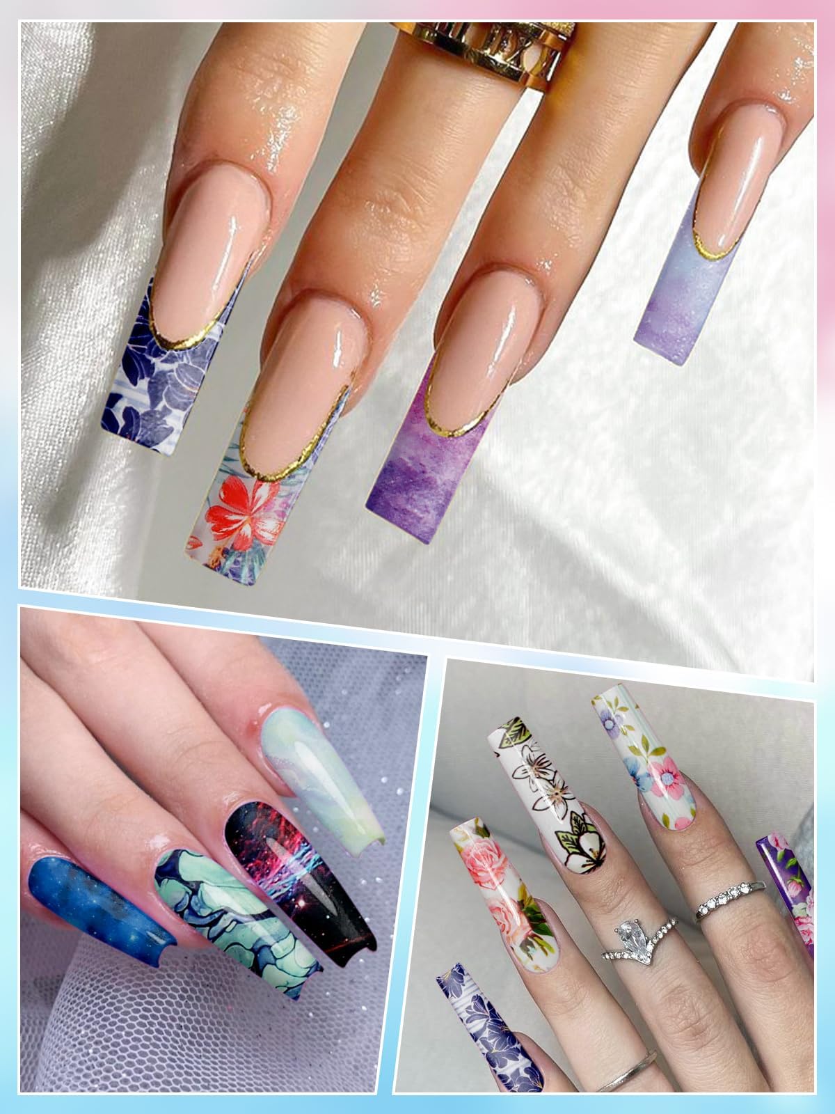 EBANKU Nail Foil Glue Gel, 20 Pcs Nail Art Foil with 30ML Nail Glue, Starry Sky Flower Stickers Transfer Foils Gels Polish Set f